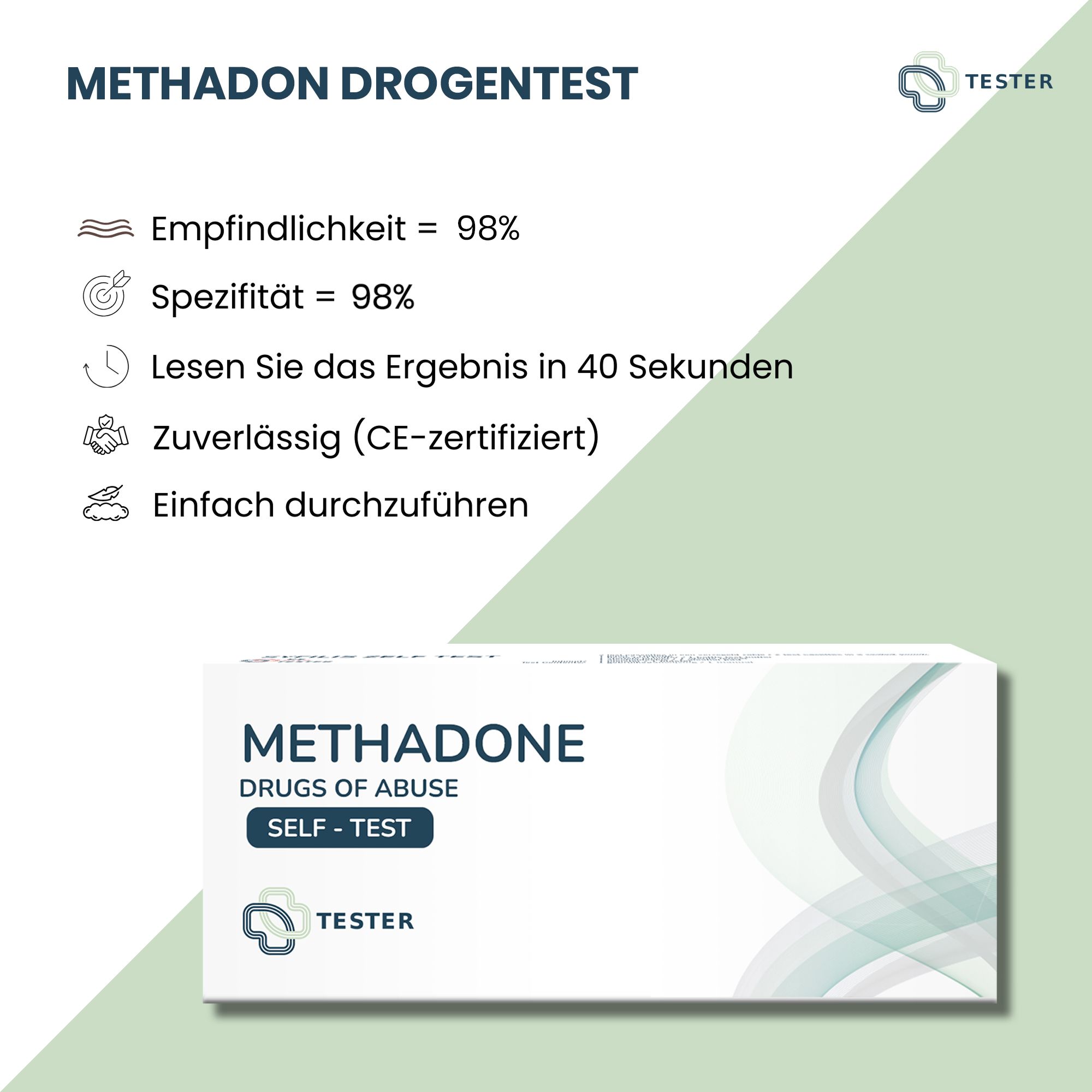Produktverpackung mit Text: "METHADON DROGENTEST". Zusätzliche Informationen: Empfindlichkeit, Spezifität, Ergebnis in 40 Sekunden, CE-zertifiziert.