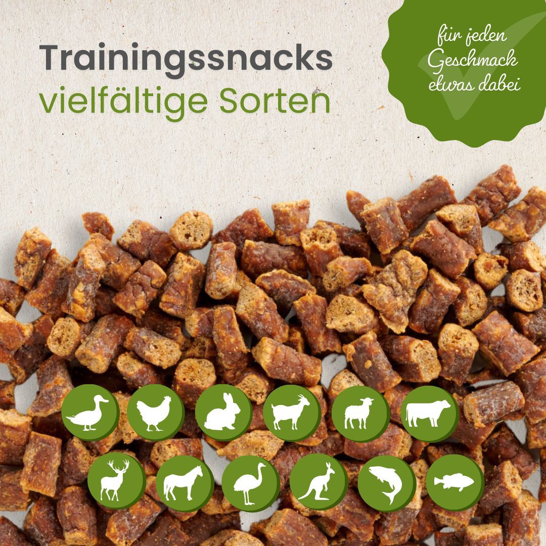 Haufen von Trainingssnacks für Hunde, verschiedene Sorten.