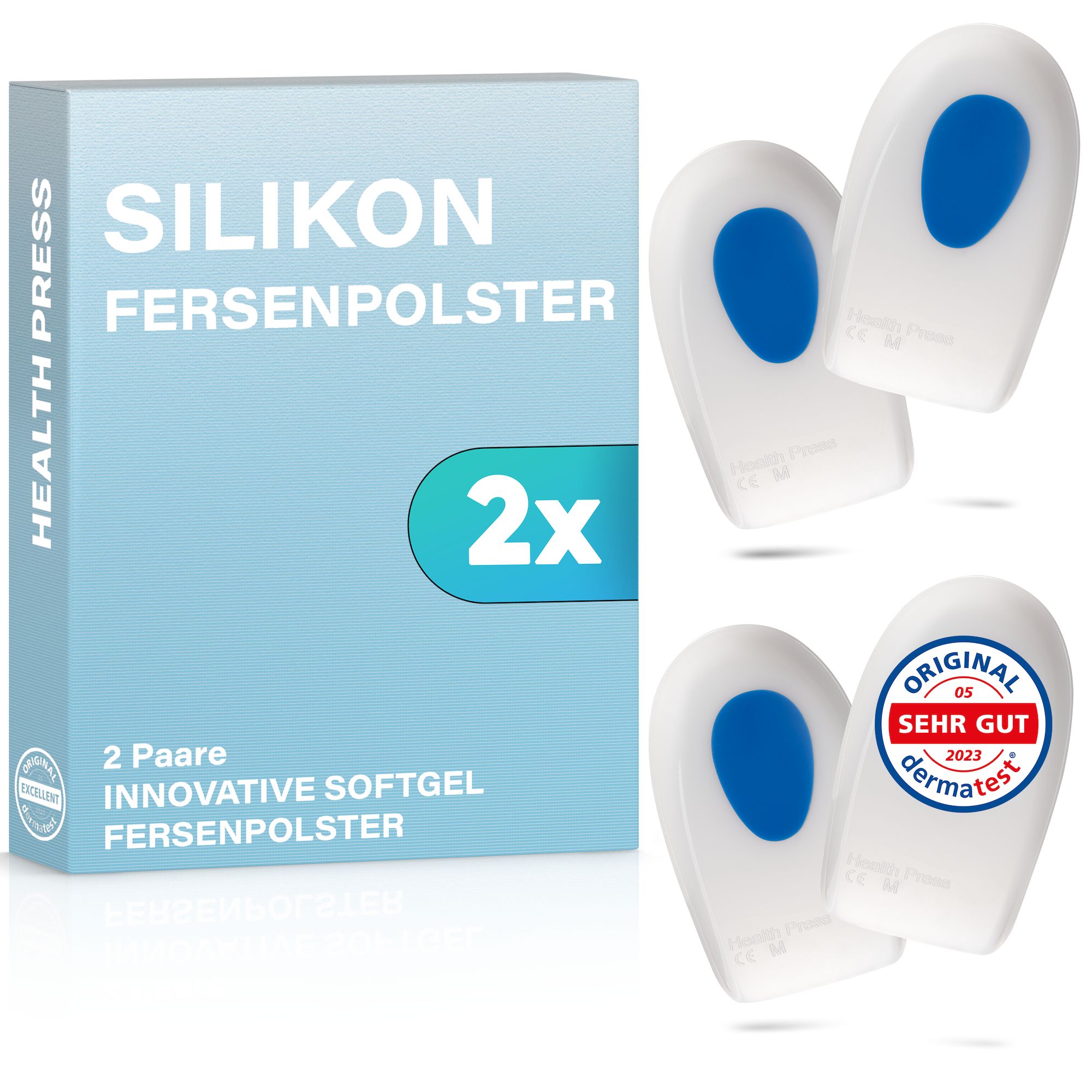 Produktverpackung mit zwei weißen Silikon-Fersenpolstern mit blauem Einsatz. Text: Silikon Fersenpolster. 2x. 2 Paare. Innovative Softgel Fersenpolster. dermatest.