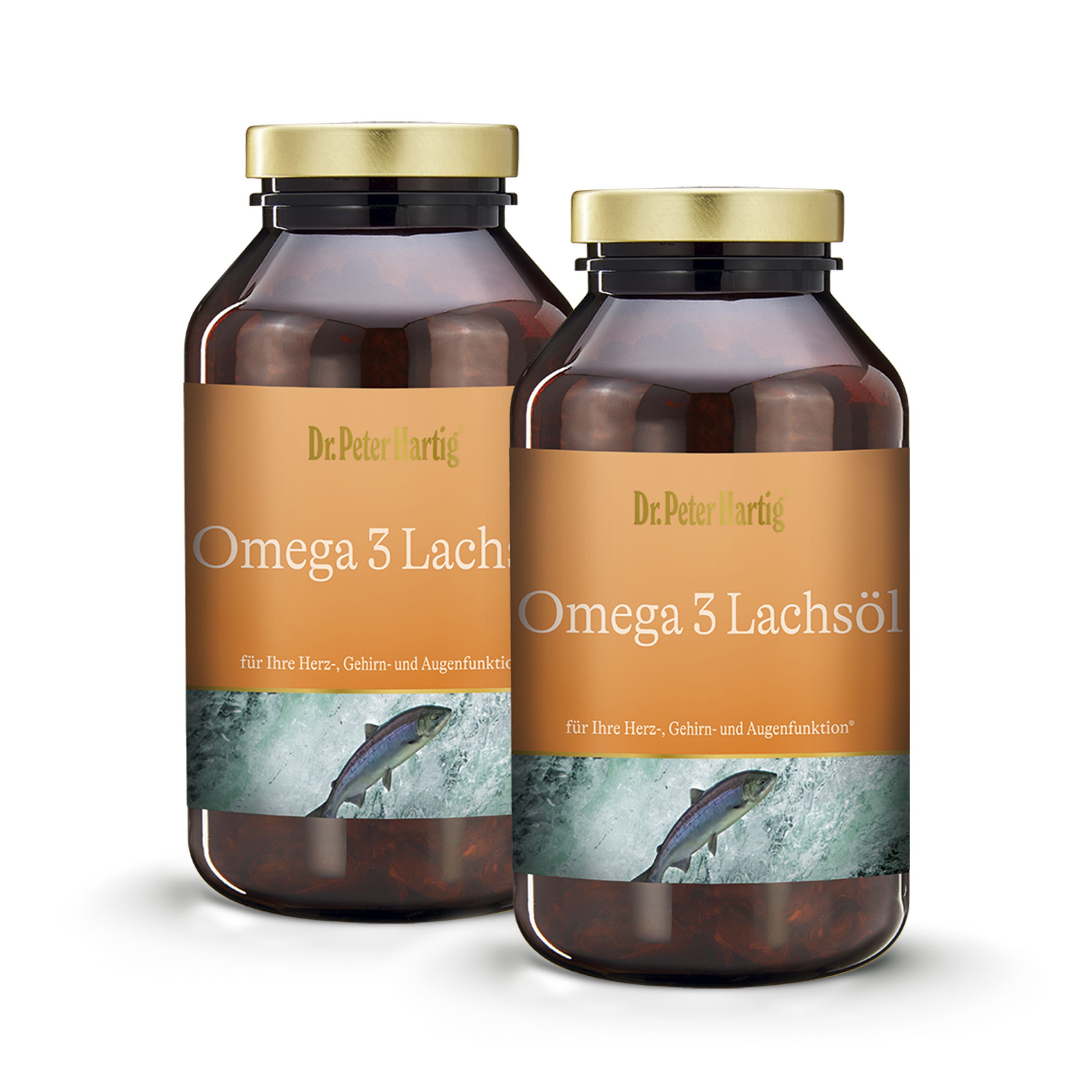 Zwei braune Glasflaschen mit goldenen Deckeln. Auf den Etiketten steht "Dr. Peter Hartig Omega 3 Lachsöl".