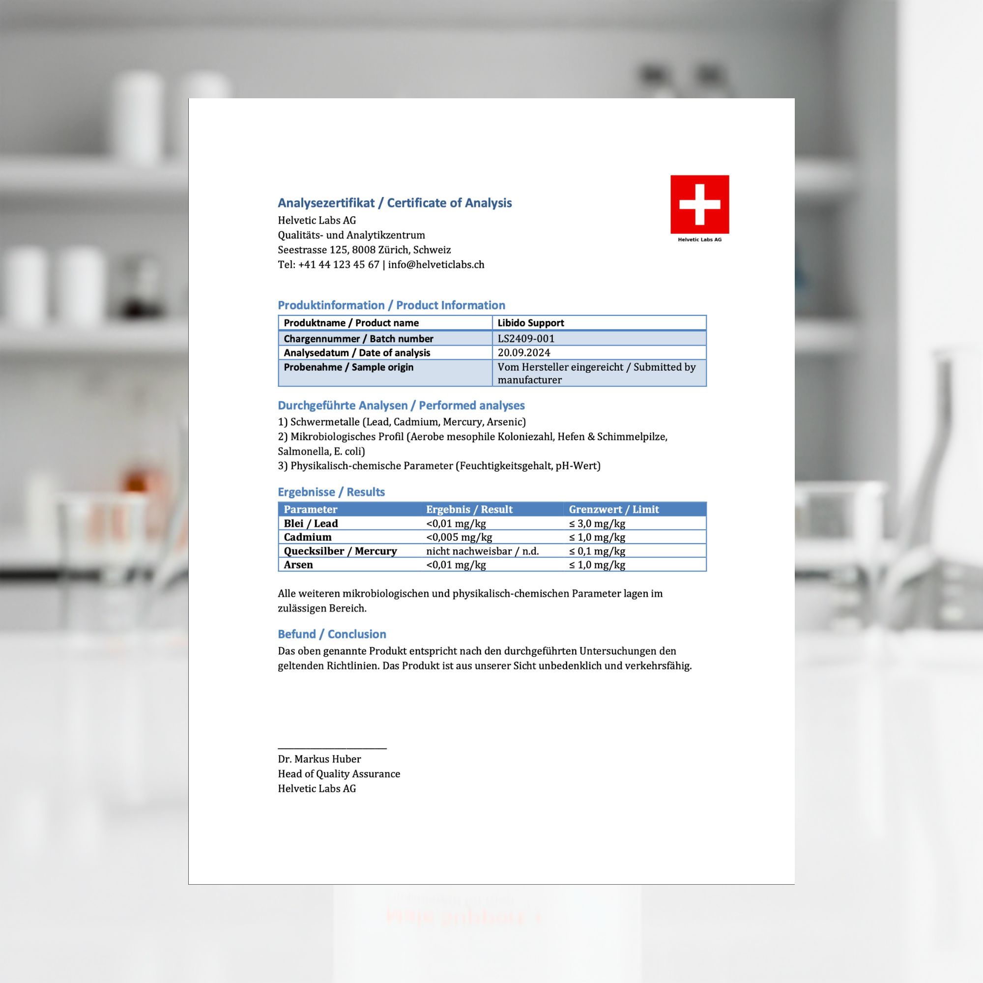 Analyse-Zertifikat. Text: Libido Support, Chargennummer, Analysedatum, Ergebnisse, Ergebnisse/Resultate.