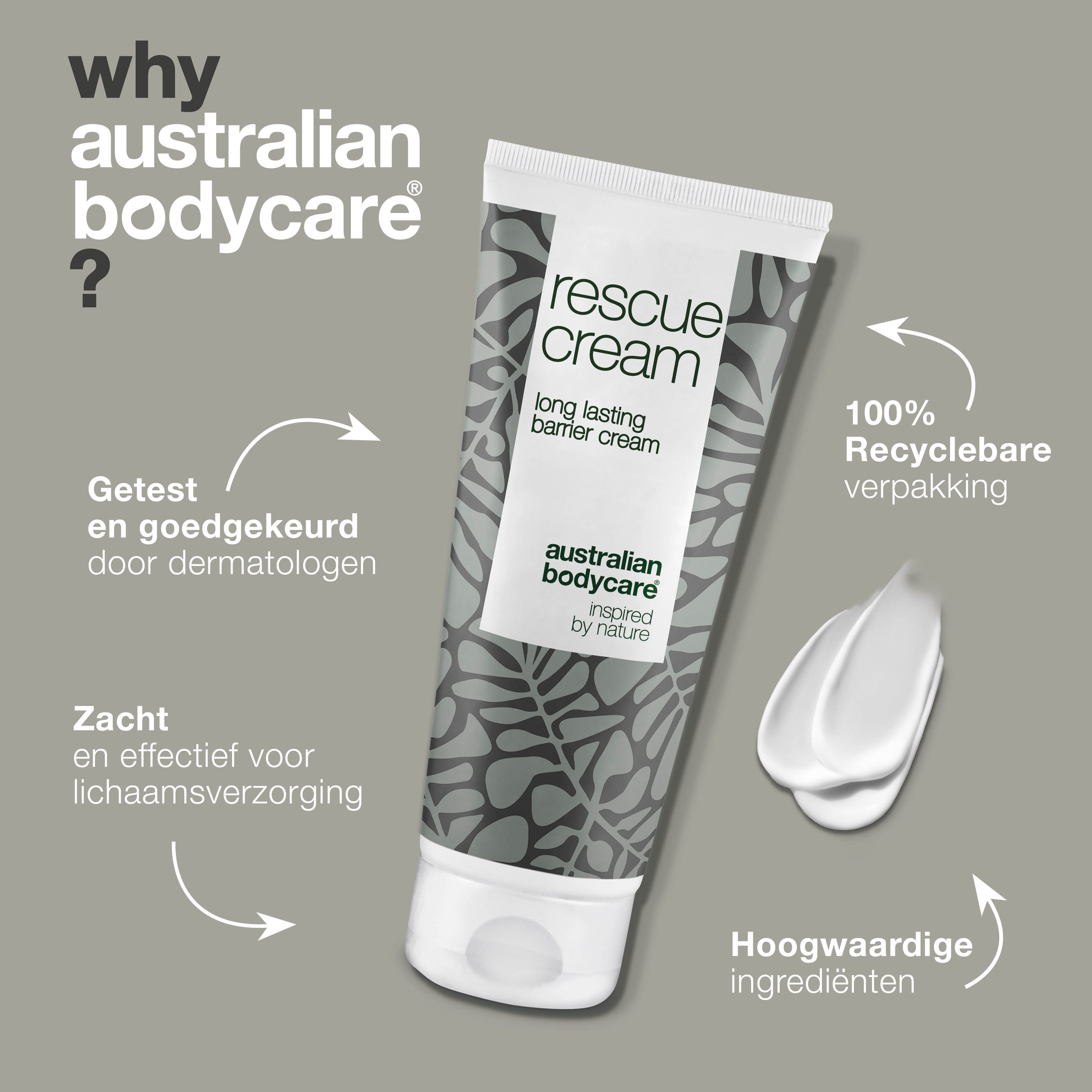 Tube crème en tekst. Opschrift: rescue cream, long lasting barrier cream. Merk: Australian Bodycare.