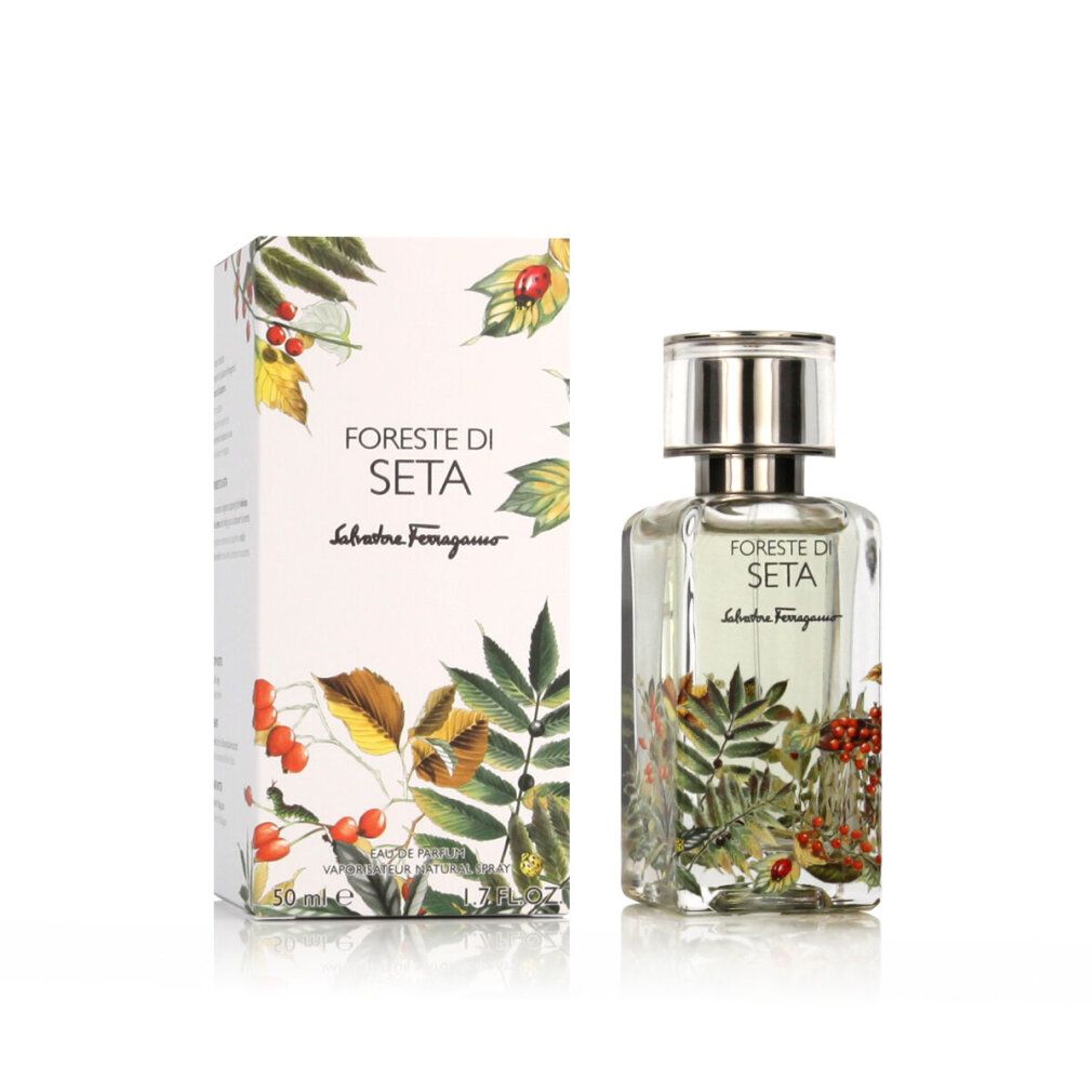 Salvatore Ferragamo Foreste di Seta Eau de Parfum Flakon und Verpackung mit botanischem Motiv.
