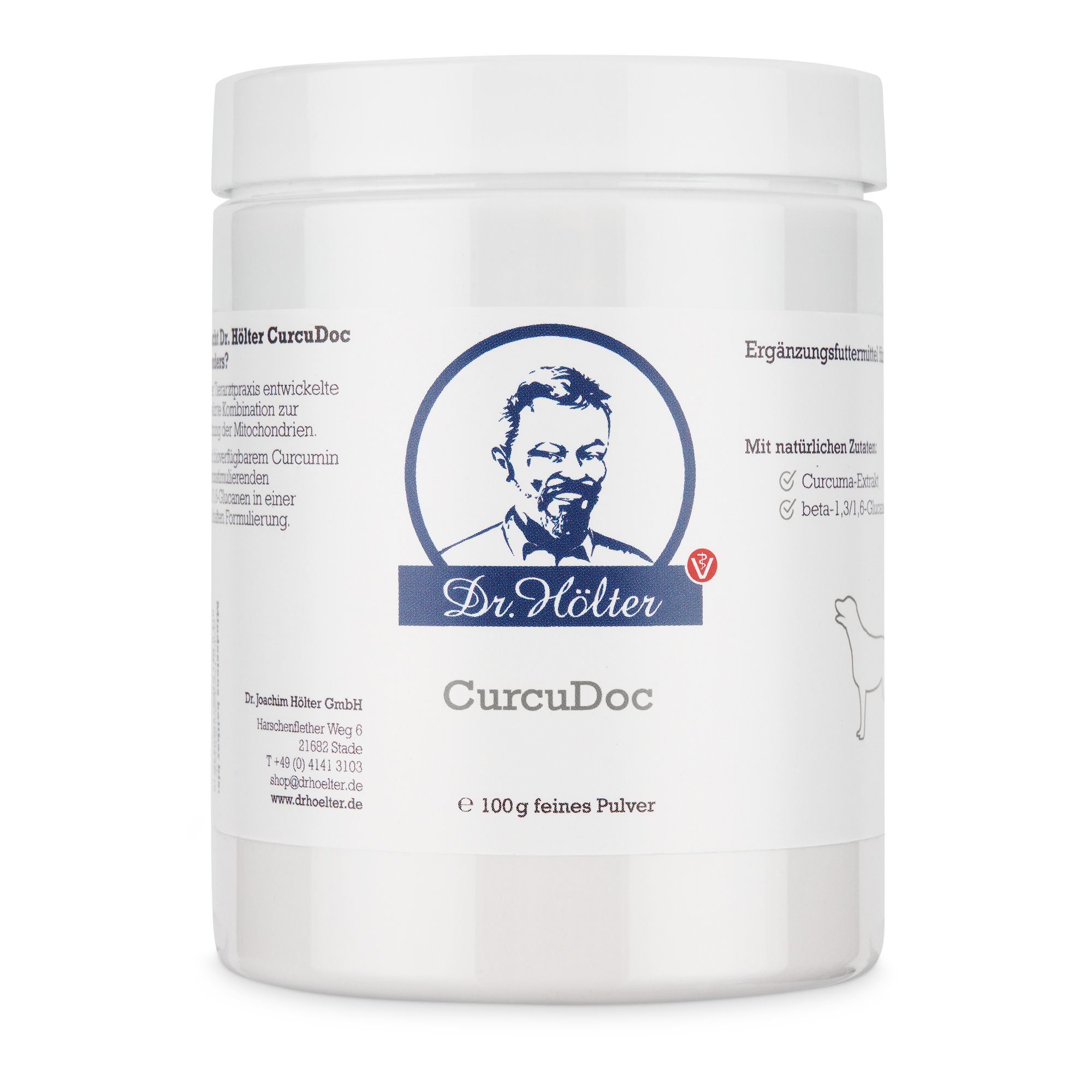 Weiße Dose mit blauem Etikett. Darauf: Logo mit Porträt, Schriftzug "Dr. Hölter CurcuDoc", und Text. Unten: "e 100g feines Pulver".