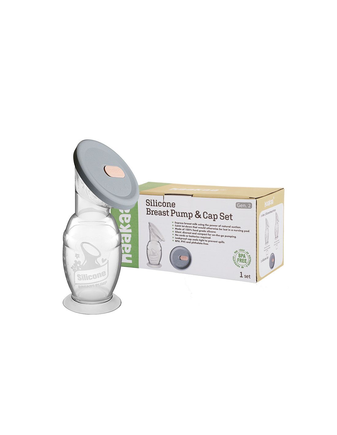 Silikon-Muttermilchpumpe und Deckel-Set in Verpackung. Aufschrift: Silicone Breast Pump & Cap Set. Marke: Haakaa. BPA-frei.