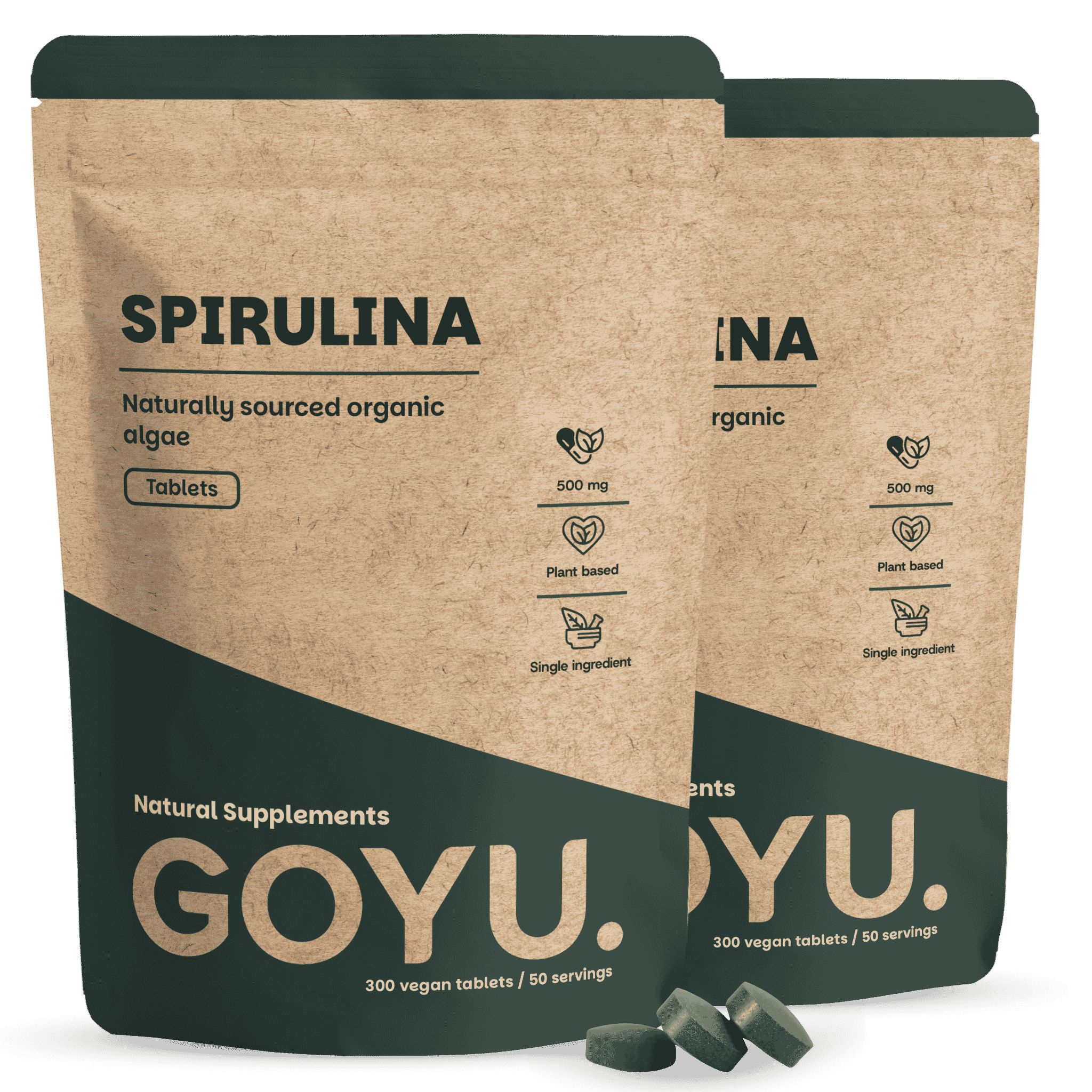 Zwei Packungen GOYU Spirulina Tabletten, 300 vegane Tabletten pro Packung.