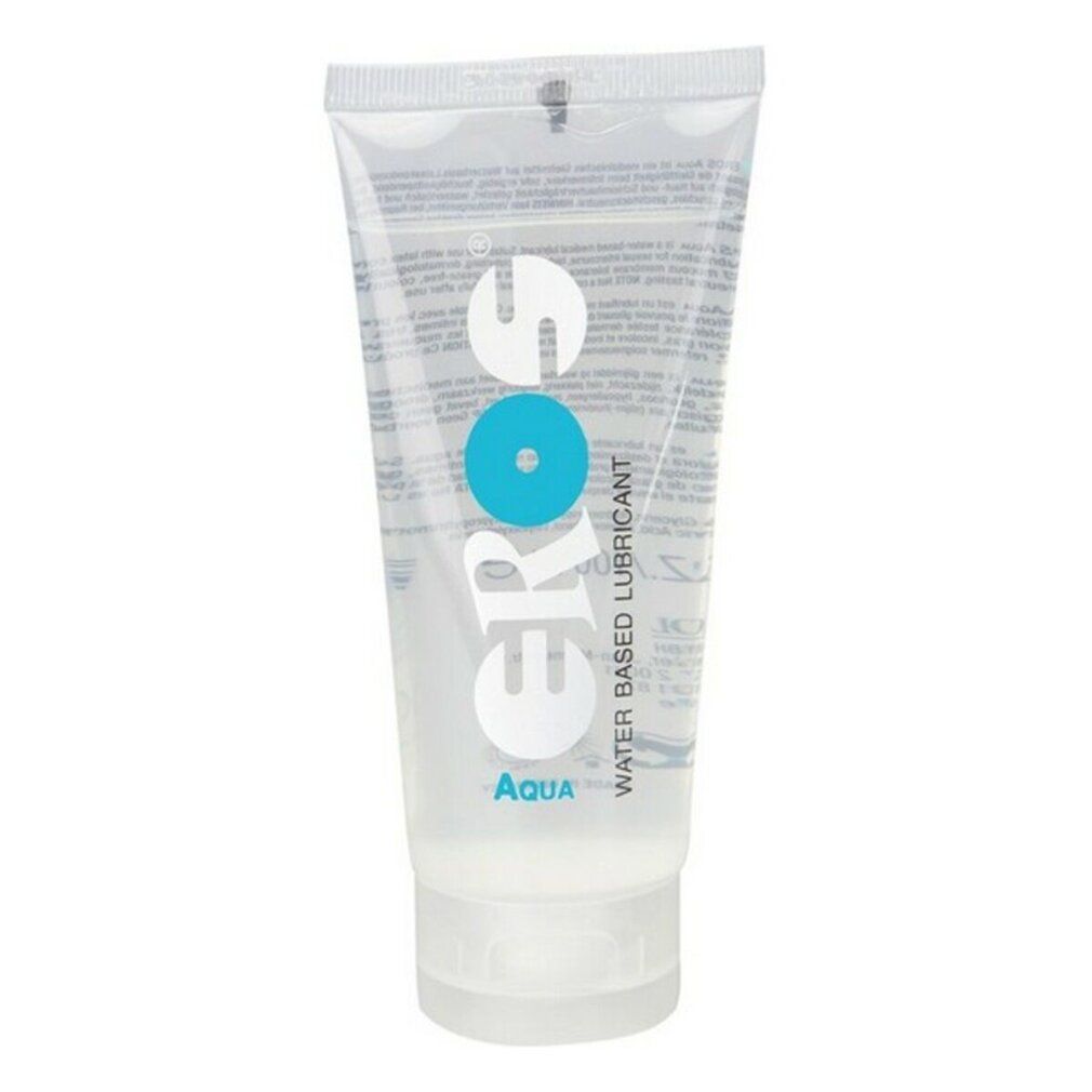 Transparente Tube mit weißem Deckel. Aufschrift: EROS Aqua, Wasserbasiertes Gleitmittel.