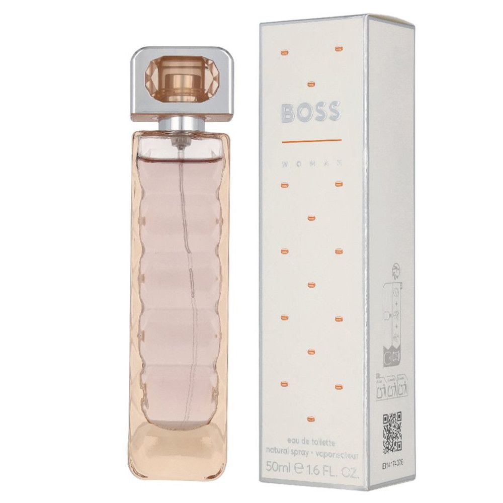 Flakon und Verpackung von HUGO BOSS ORANGE. Flakon rechteckig, transparent, mit silbernem Verschluss. Verpackung weiß mit orangefarbenen Punkten.