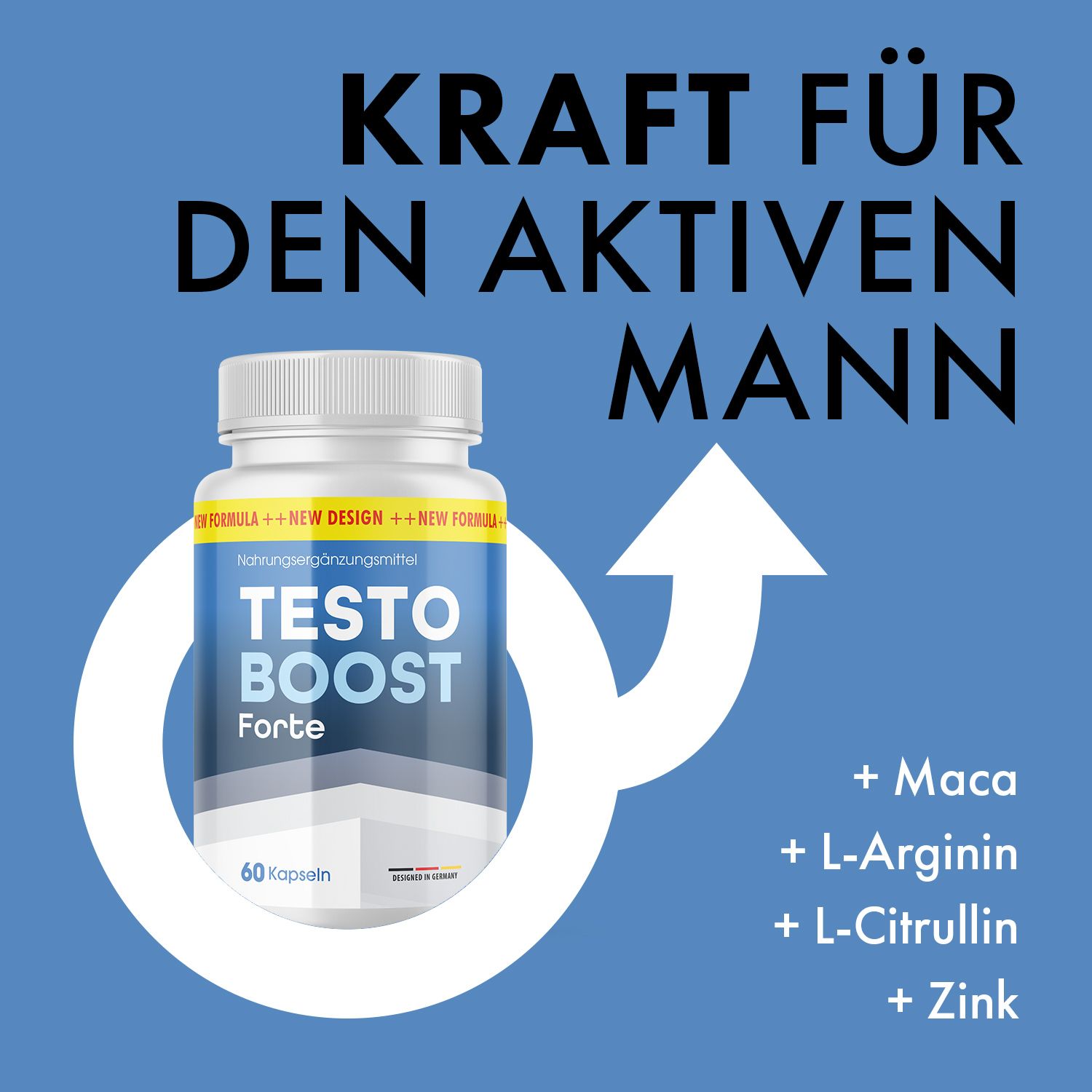 Weiße Kapsel-Flasche mit blauem Etikett. Text: Testo Boost Forte, 60 Kapseln. Aufschrift: Kraft für den aktiven Mann. Inhaltsstoffe: Maca, L-Arginin, L-Citrullin, Zink.