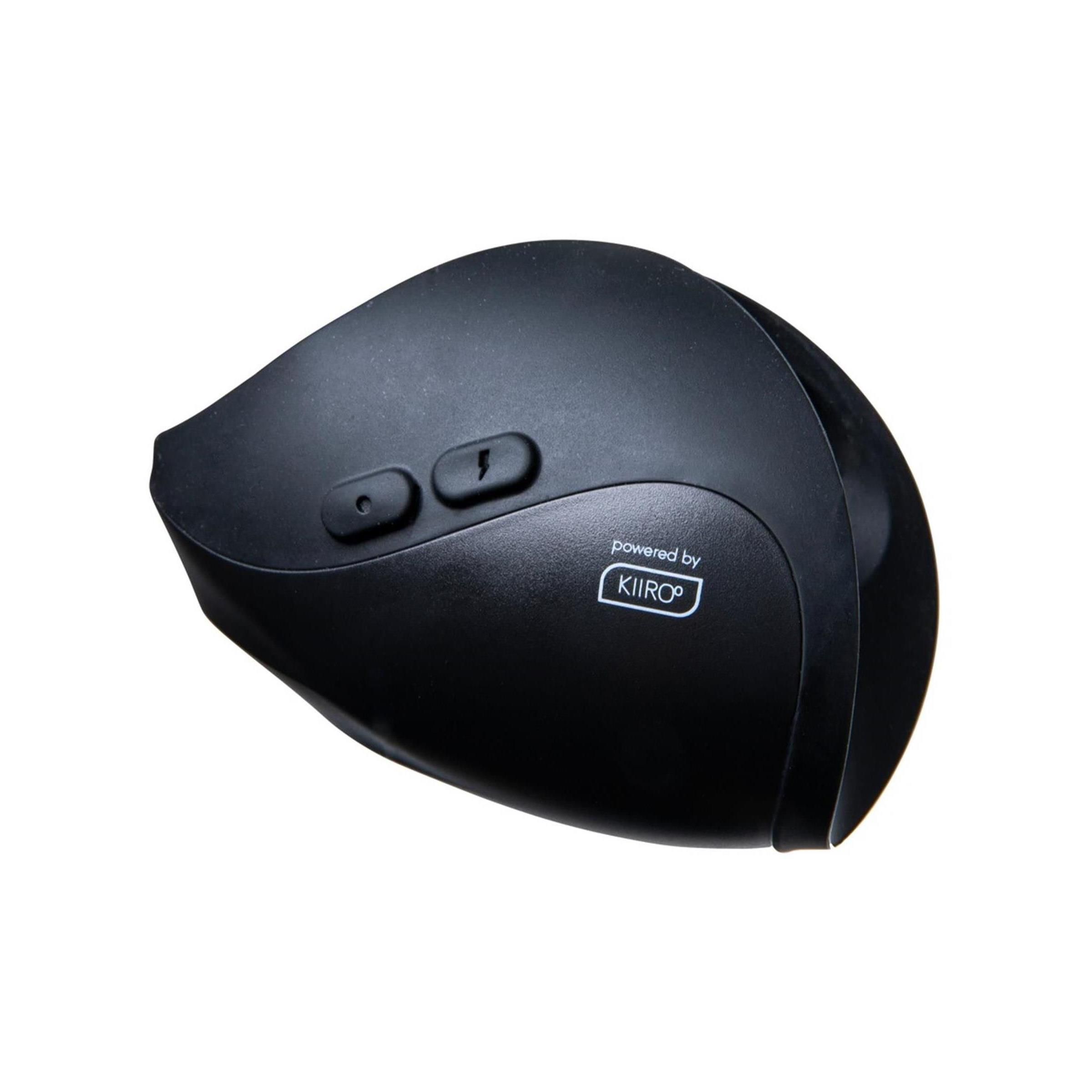 Schwarzes Produkt. Abgerundete Form mit zwei Knöpfen. Logo KIROO. Oberseite mit Öffnung.