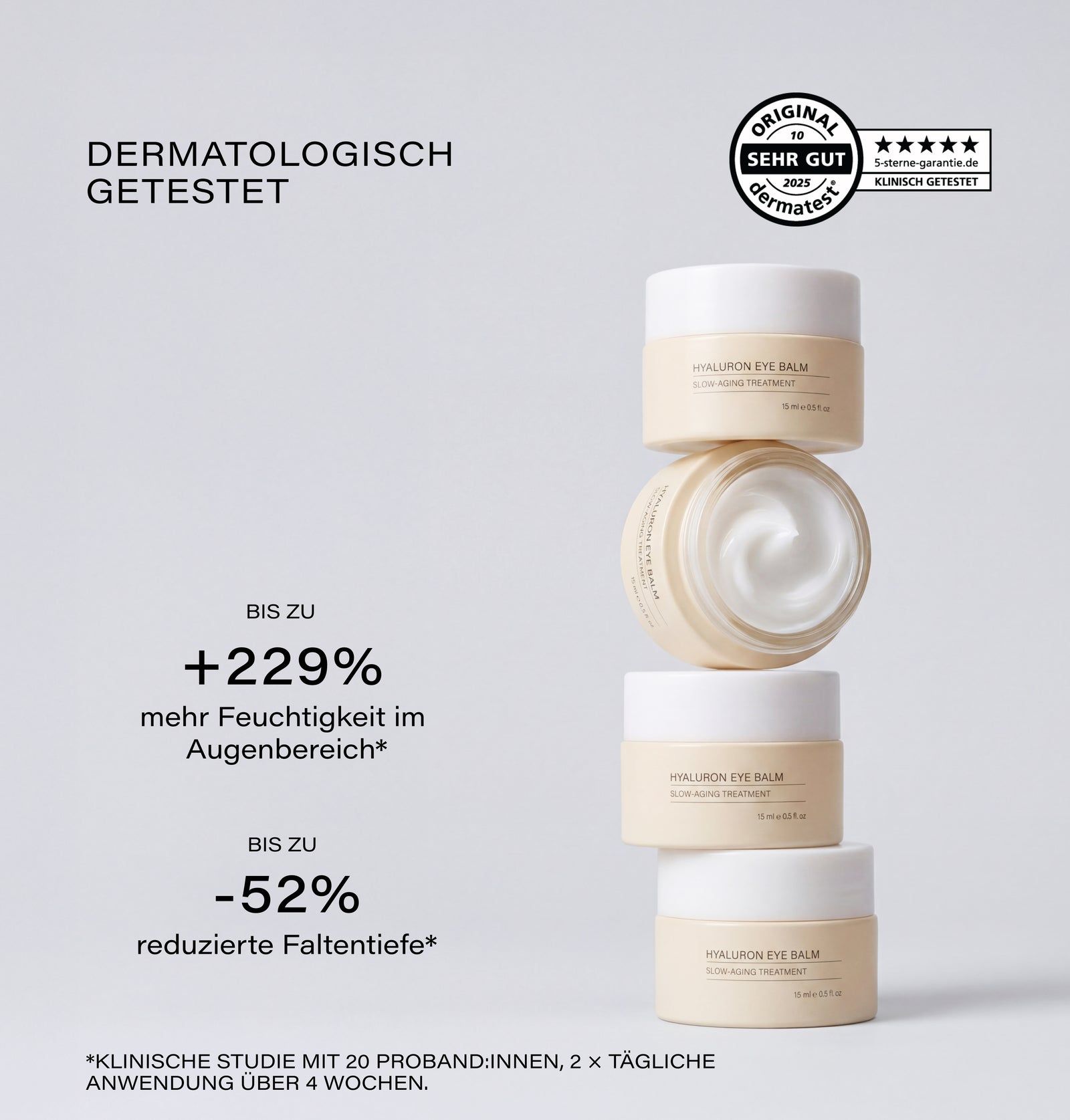 Produktstapel: 4 Tiegel Hyaluron Eye Balm. Text: dermatologisch getestet, +229% Feuchtigkeit, -52% Faltentiefe.