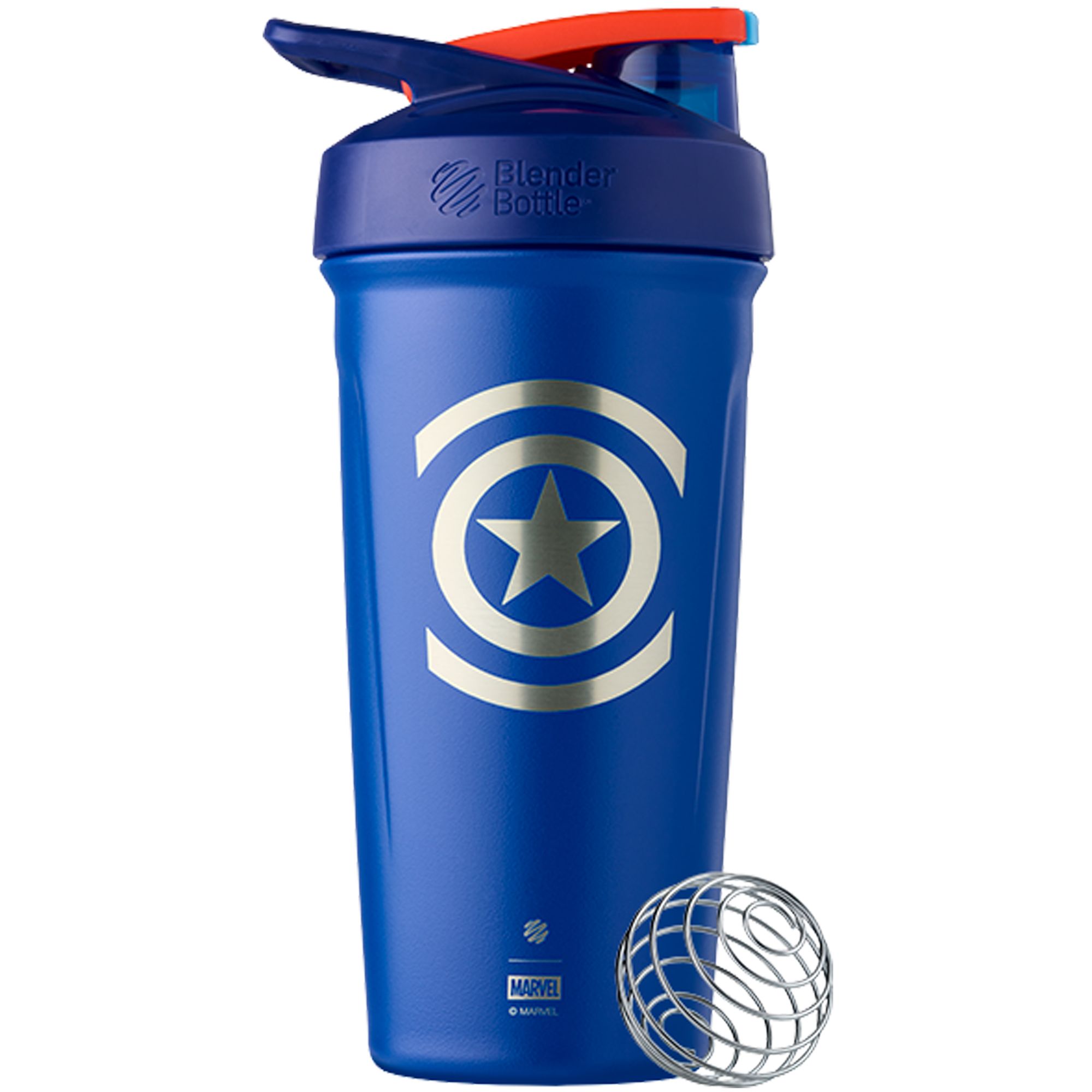 Blauer Edelstahl-Shaker mit Captain America-Logo und Deckel. Eine Metallkugel liegt daneben.
