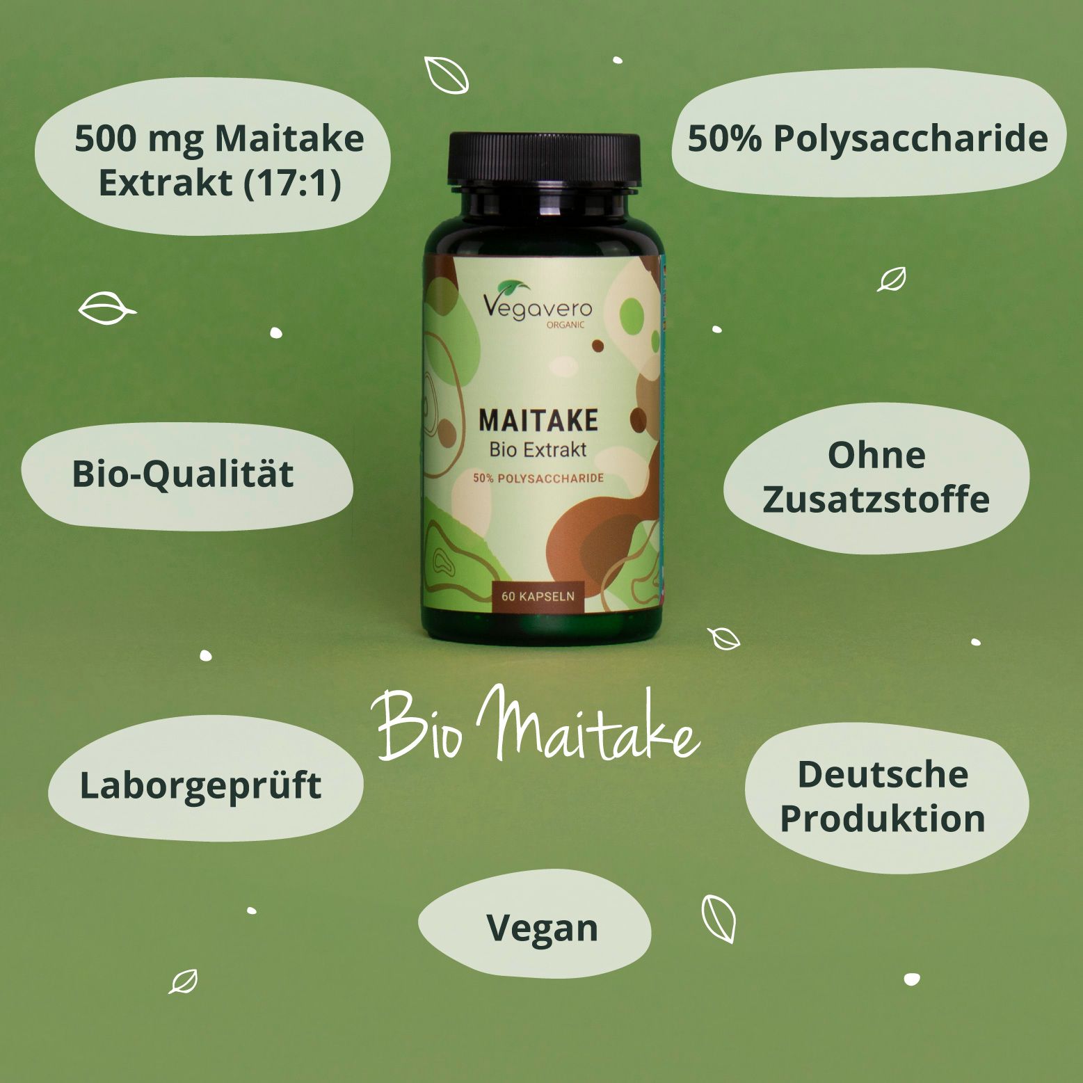 Grüne Flasche mit schwarzem Deckel. Aufschrift: Maitake Bio Extrakt, 50% Polysaccharide, 60 Kapseln. Logos: Bio-Qualität, Laborgeprüft, Vegan.