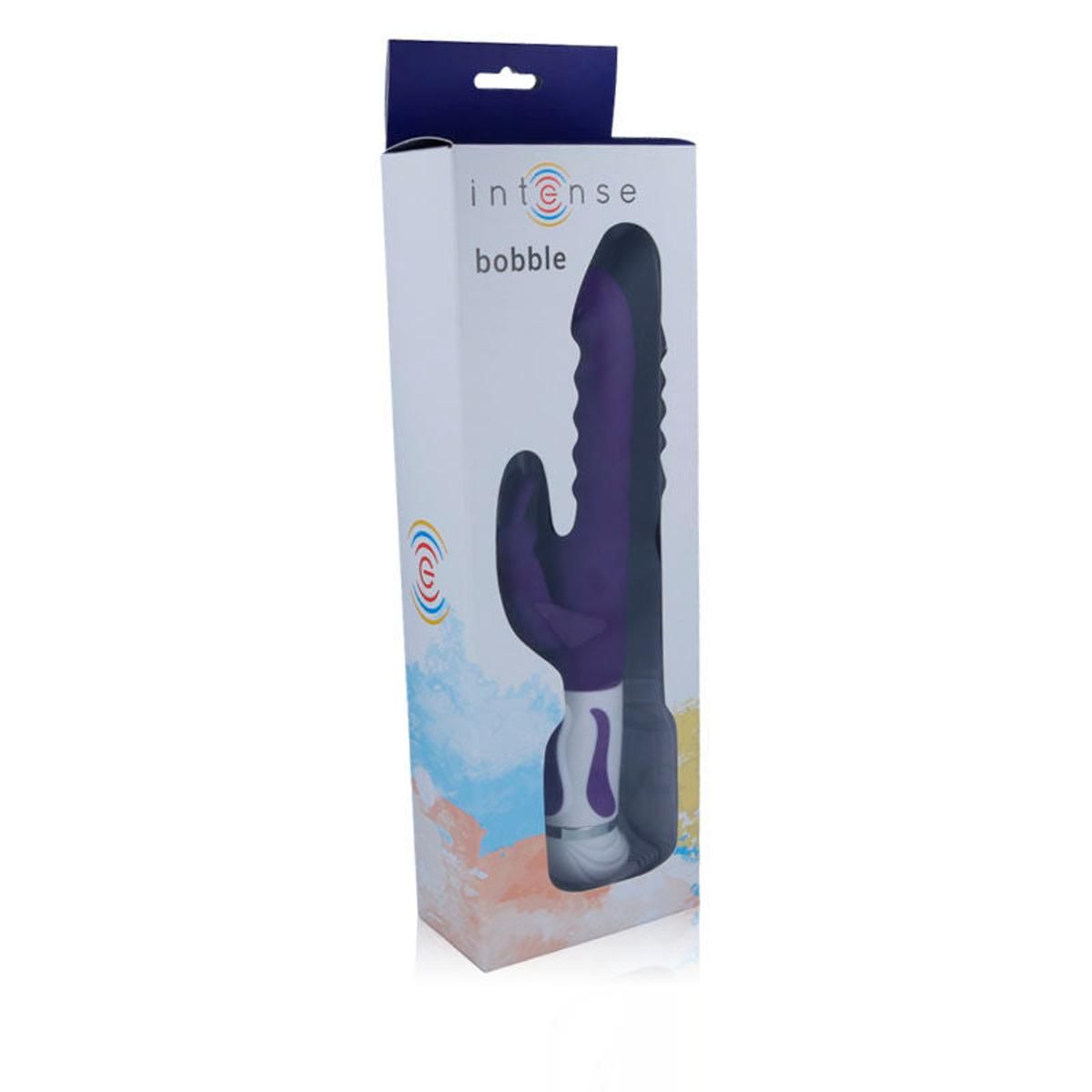 Verpackung mit lila Vibrator. Aufdruck: intense bobble. Produkt in der Verpackung sichtbar. Weiß, blau und lila.