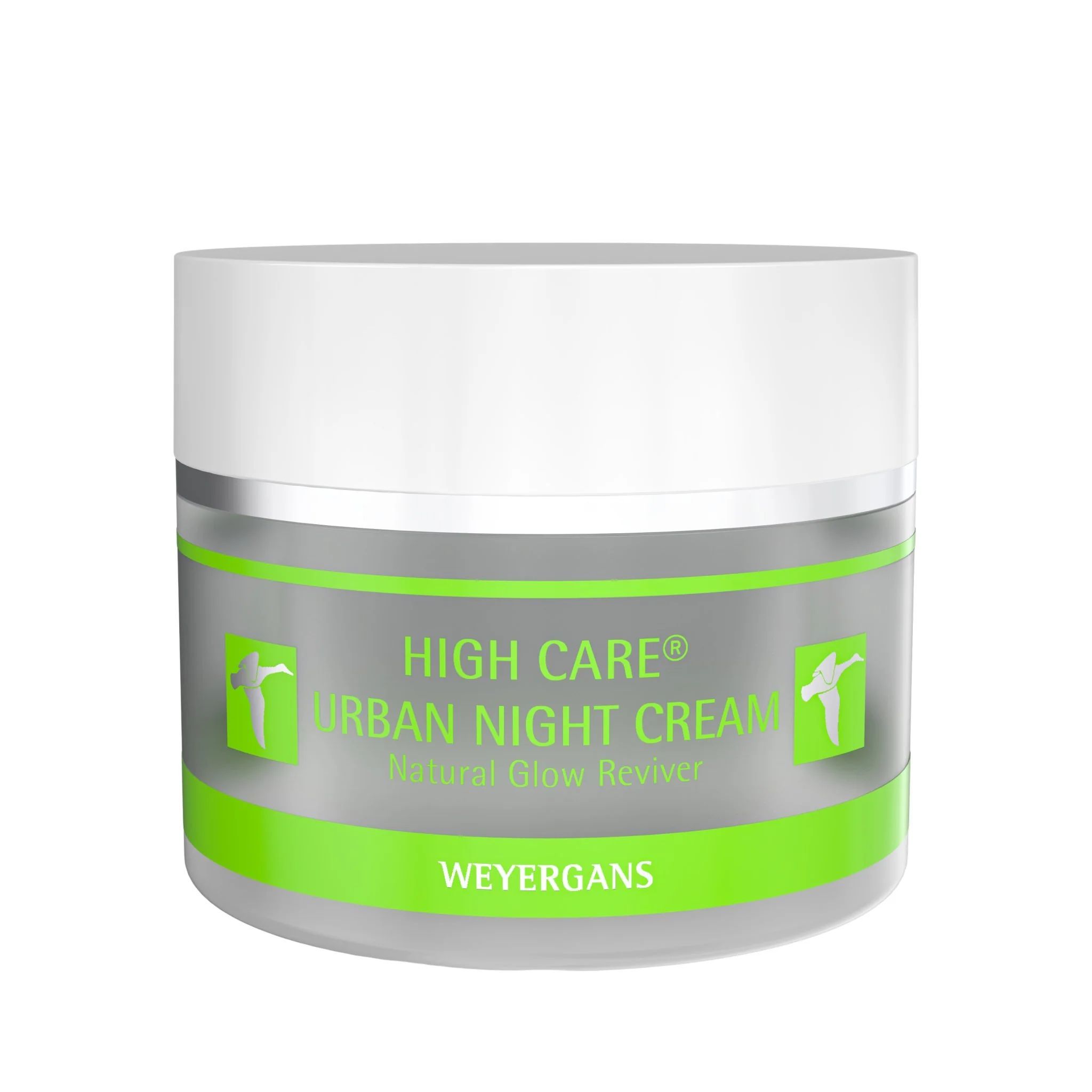 Creme-Dose mit weißem Deckel und grünem Band. Aufschrift: HIGH CARE® URBAN NIGHT CREAM Natural Glow Reviver. Marke: WEYERGANS.