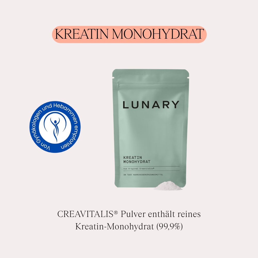 LUNARY Kreatin Monohydrat Pulver in mintgrüner Beutel. Empfehlung von Gynäkologen und Hebammen.
