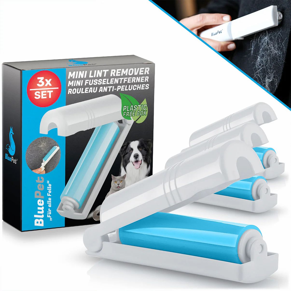 Drei blaue Mini-Fusselroller im 3er-Set. Weiße Halterung, blaue Rolle. Verpackung mit Produktname, Logo und Text.