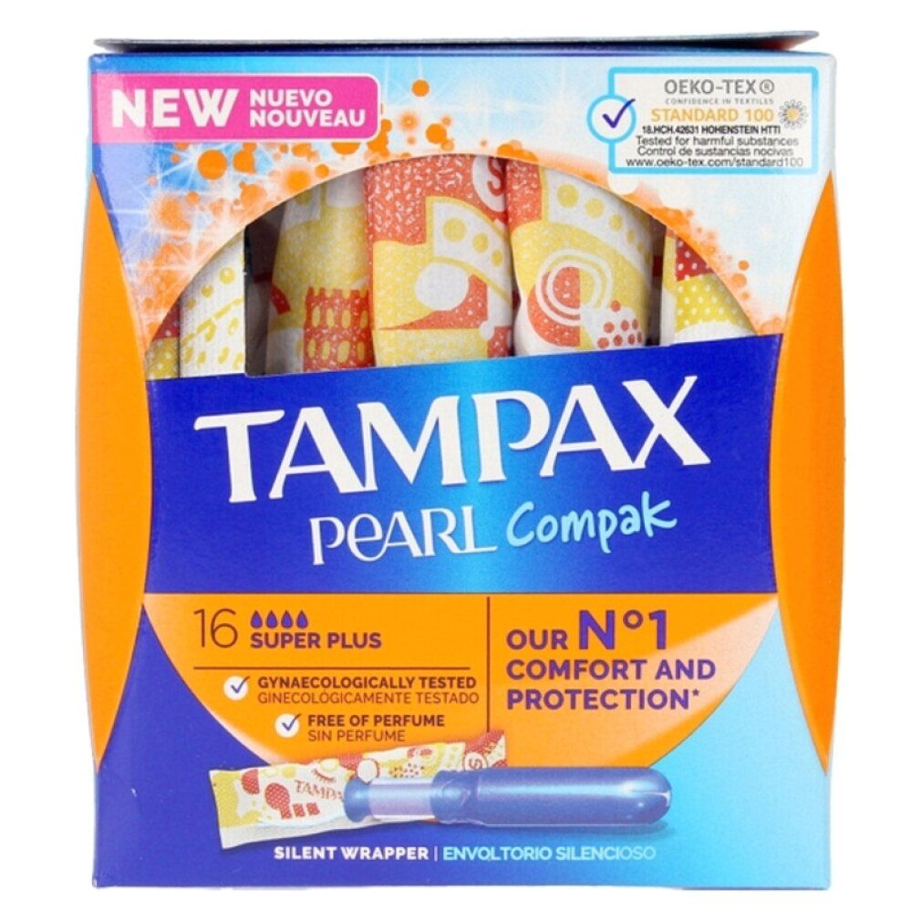 Verpackung mit Tampons. Marke: Tampax Pearl Compak. 16 Super Plus. Mit Zertifizierung. Enthält Tampons und Applikator.