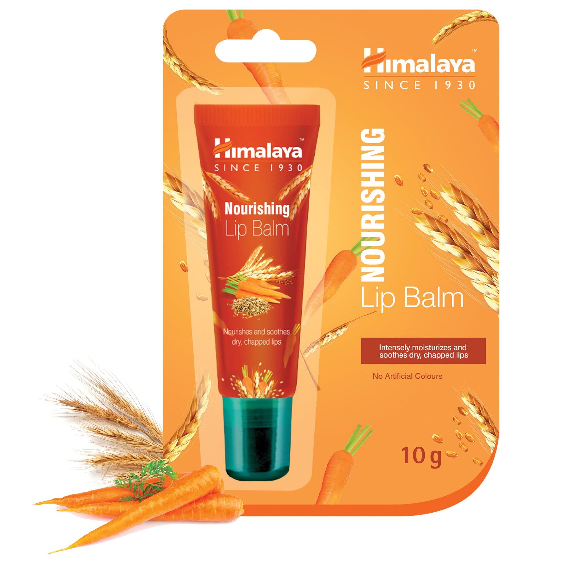 Lippenbalsam in oranger Tube, grüne Kappe. Aufschrift: Himalaya, Nourishing Lip Balm. Verpackung mit Karotten- und Getreide-Motiv.