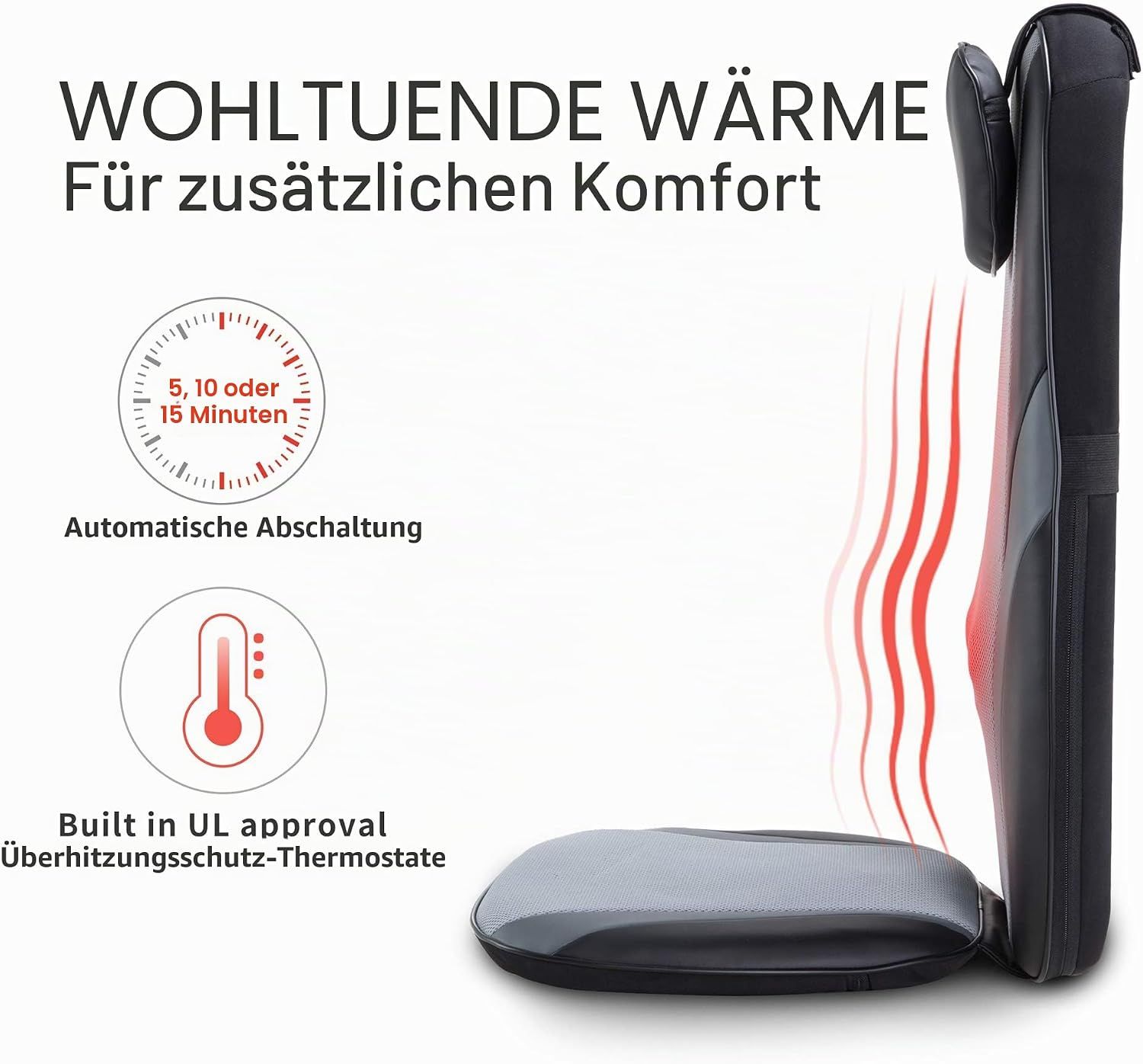 Rückseite eines Massagegeräts mit Heizfunktion und Timer-Optionen.