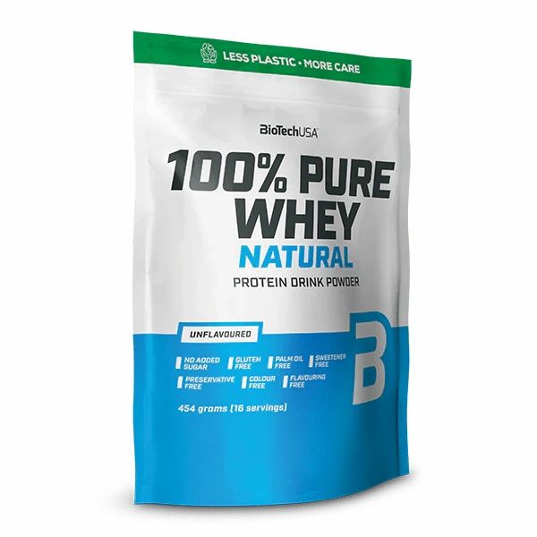 Beutel mit 100% Pure Whey, Natural, 454g. Aufschrift: Unflavoured, ohne Zucker, Gluten, Palmöl, Farbstoffe, Konservierungsstoffe, Süßstoffe.