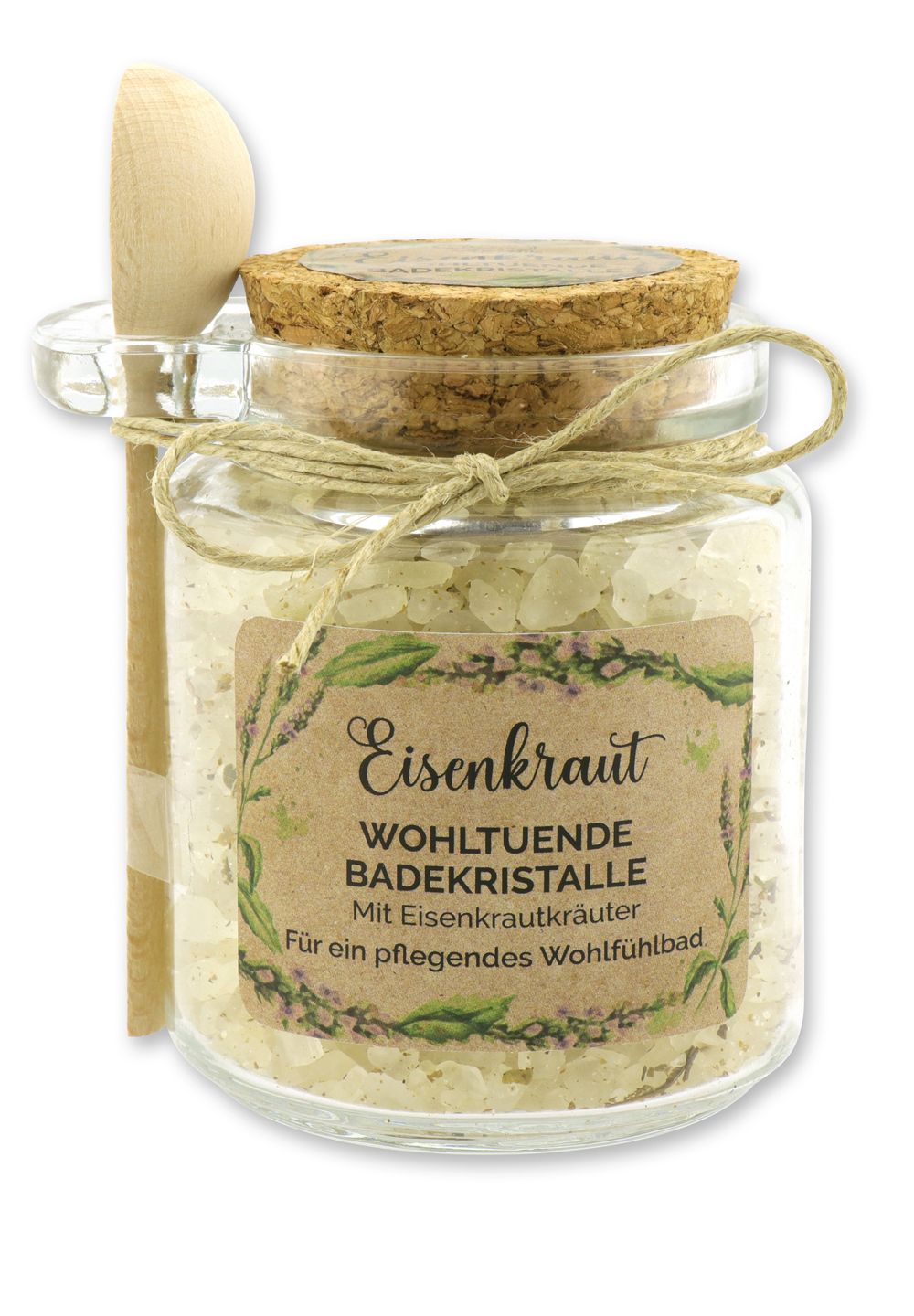 Florex Badesalz Eisenkraut grob mit Schafmilch im dekorativen Glas mit Holzlöffel