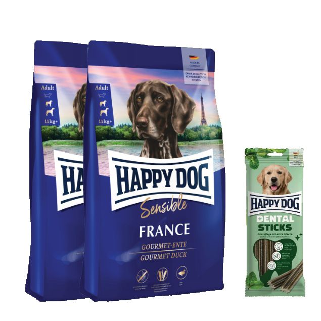 Happy Dog Sensible France Doppelpack + Dental Sticks für Hunde 22,1 kg