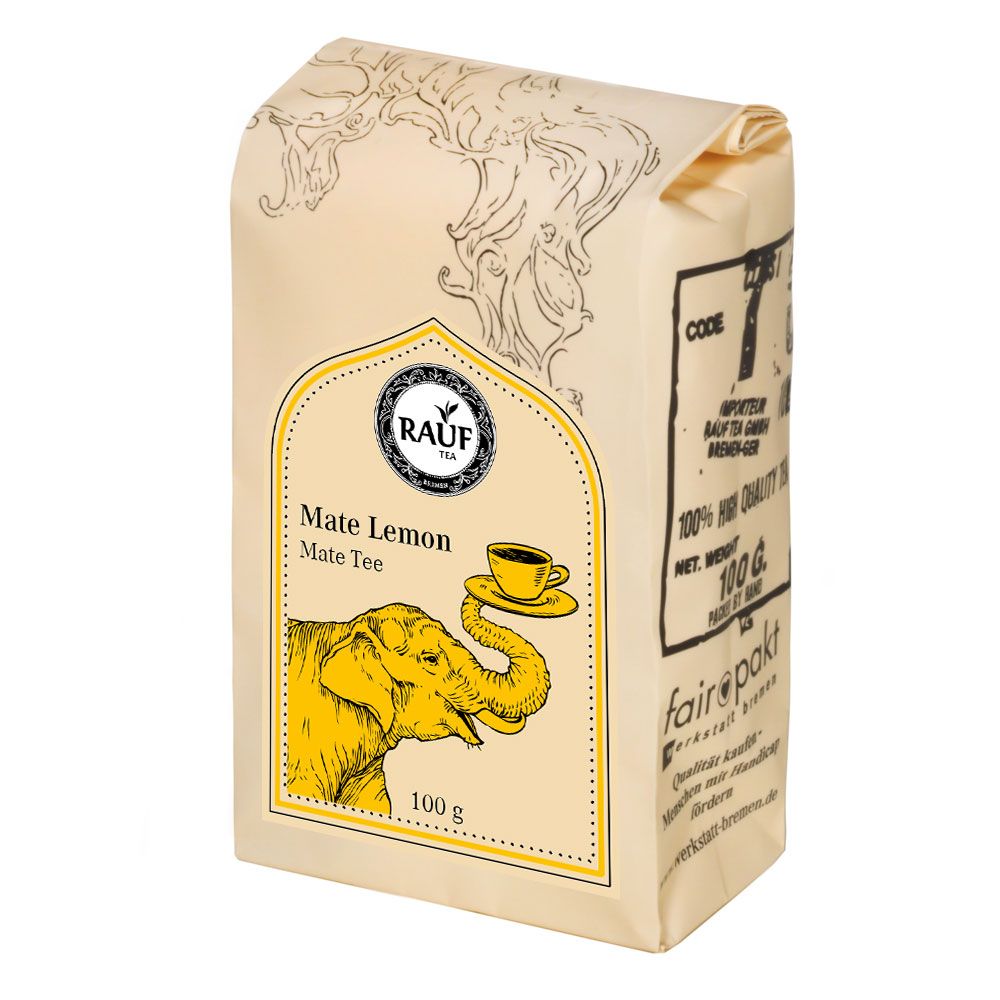 Beutel Rauf Tee Mate Lemon. Gelbes Etikett mit Elefanten-Illustration und Tasse. Aufschrift: Mate Tee, 100 g.
