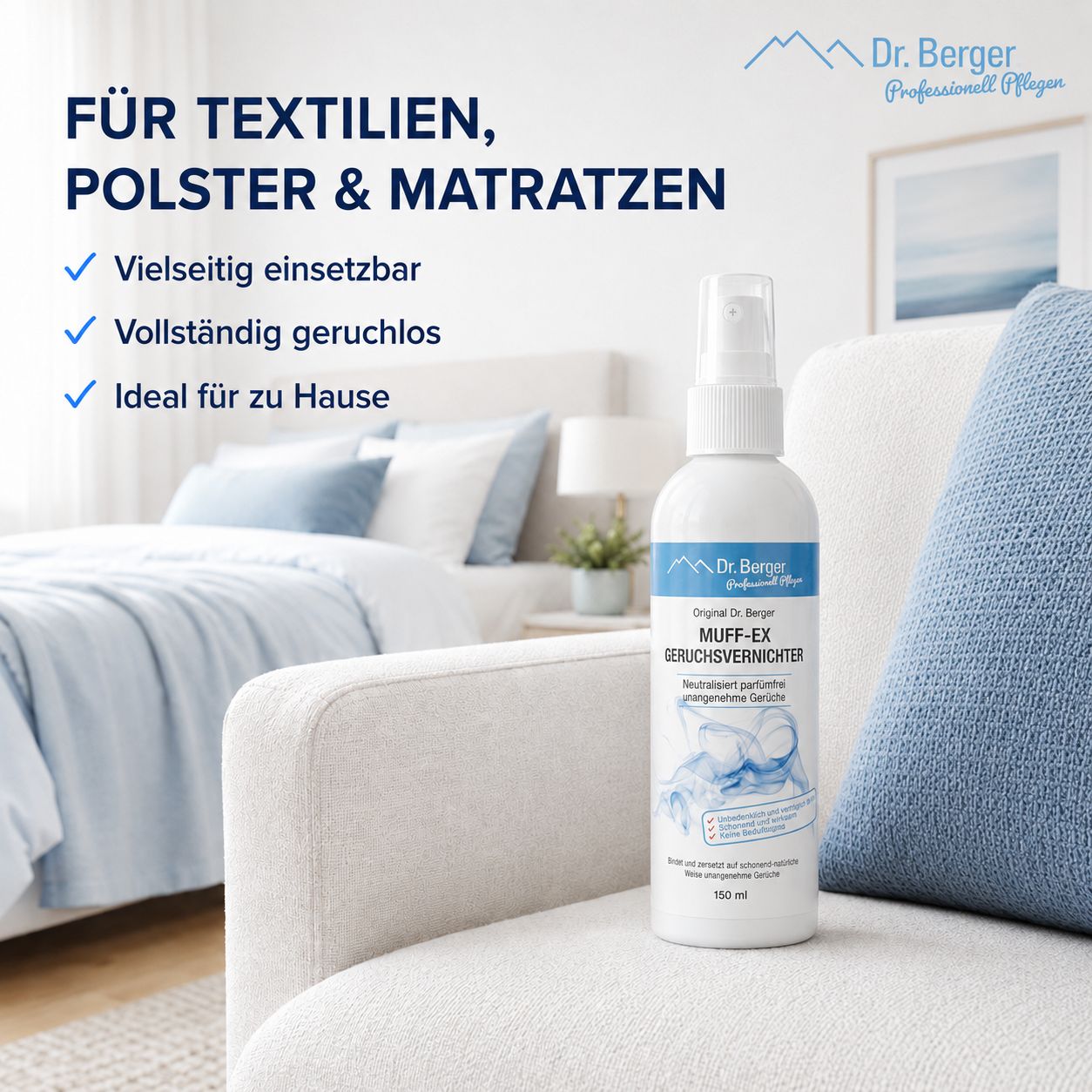 Dr. Berger Muff-Ex Geruchsvernichter Flasche auf einem Sessel, neben Kissen und Bett.