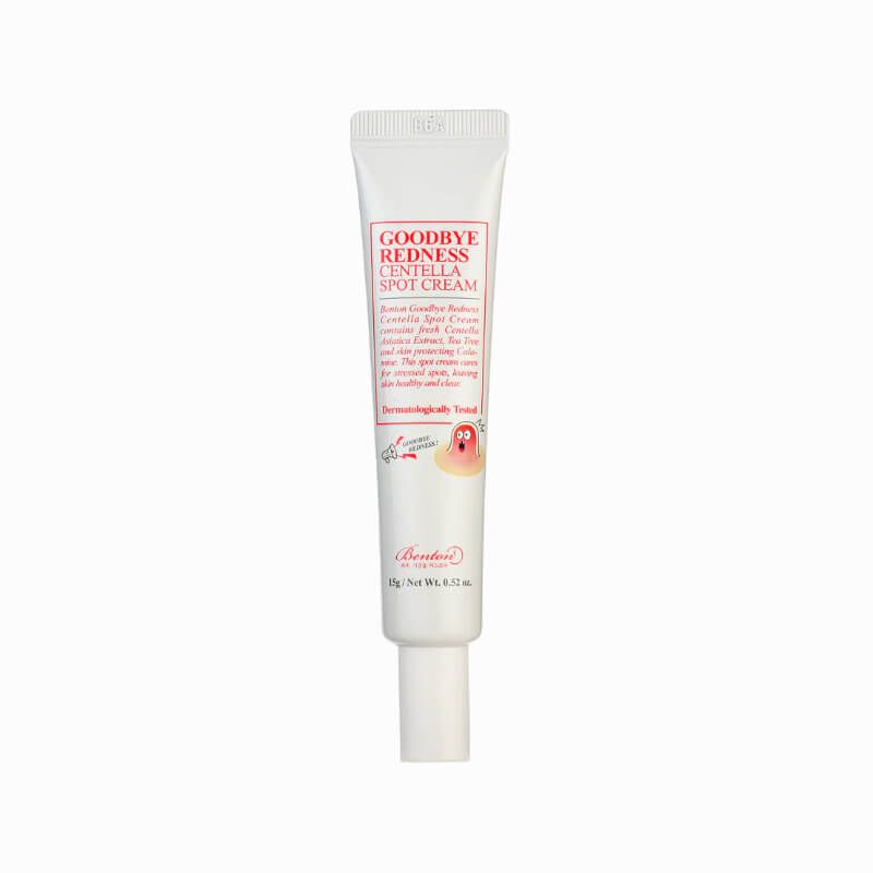 Creme-Tube, weiß. Aufschrift: Goodbye Redness Centella Spot Cream. Text in roter Schrift. Marke Benton. Dermatologisch getestet.