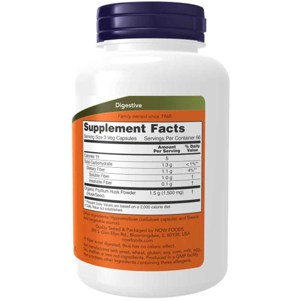 Rückseite der Flasche. Orangefarbenes Etikett mit Nährwertangaben und Inhaltsstoffen. Text: NOW, Psyllium Husk Powder.