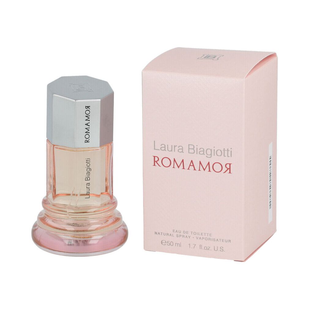 Laura Biagiotti Romamor Donna EdT Nat. Spray und Verpackung. Flakon und Schachtel.