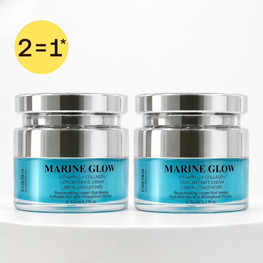 Zwei Gläser Marine Glow Vitamin C + Kollagen Konzentratcreme mit silbernen Deckeln.