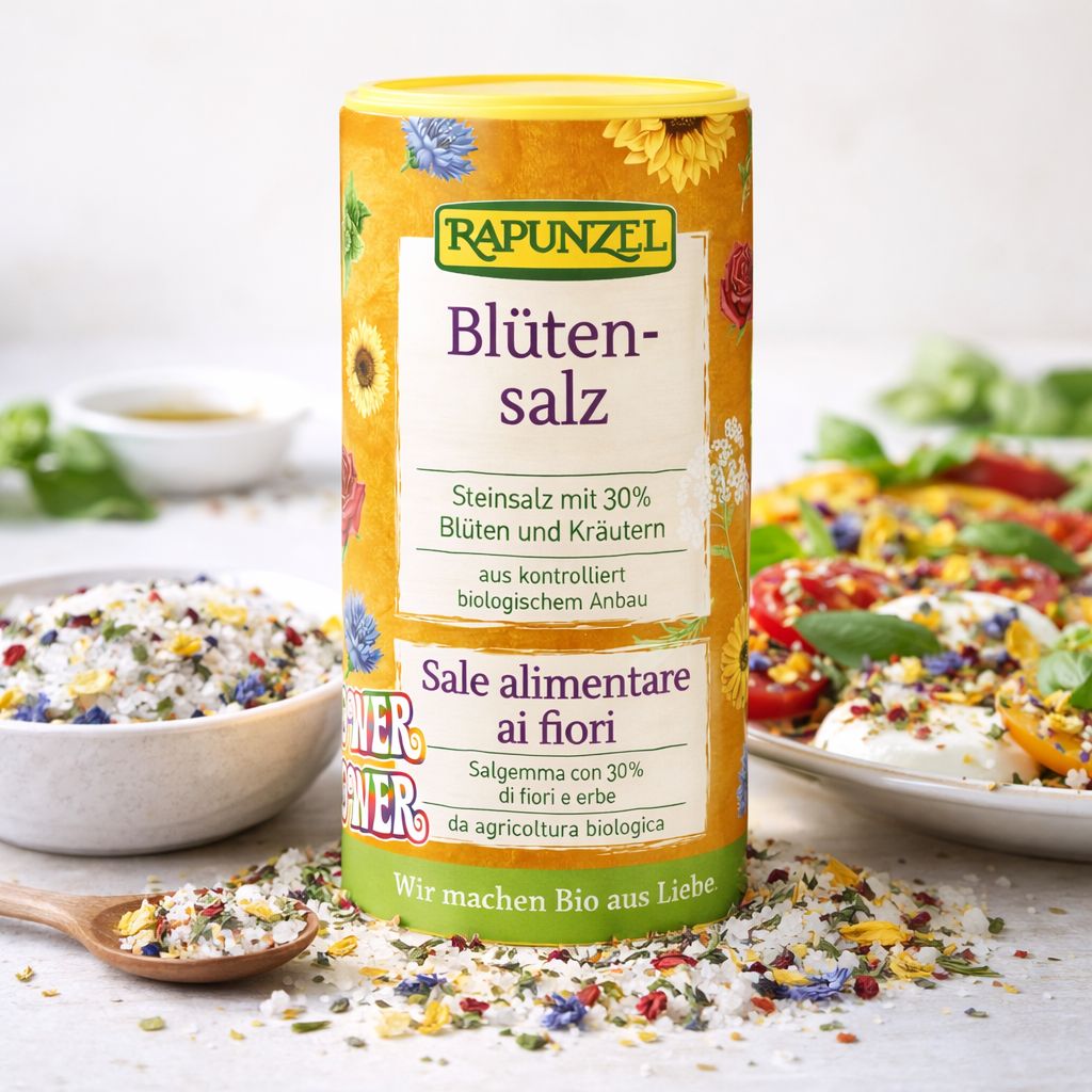 Rapunzel Blütensalz: Steinsalz mit 30% Blüten und Kräutern, biologisch angebaut.