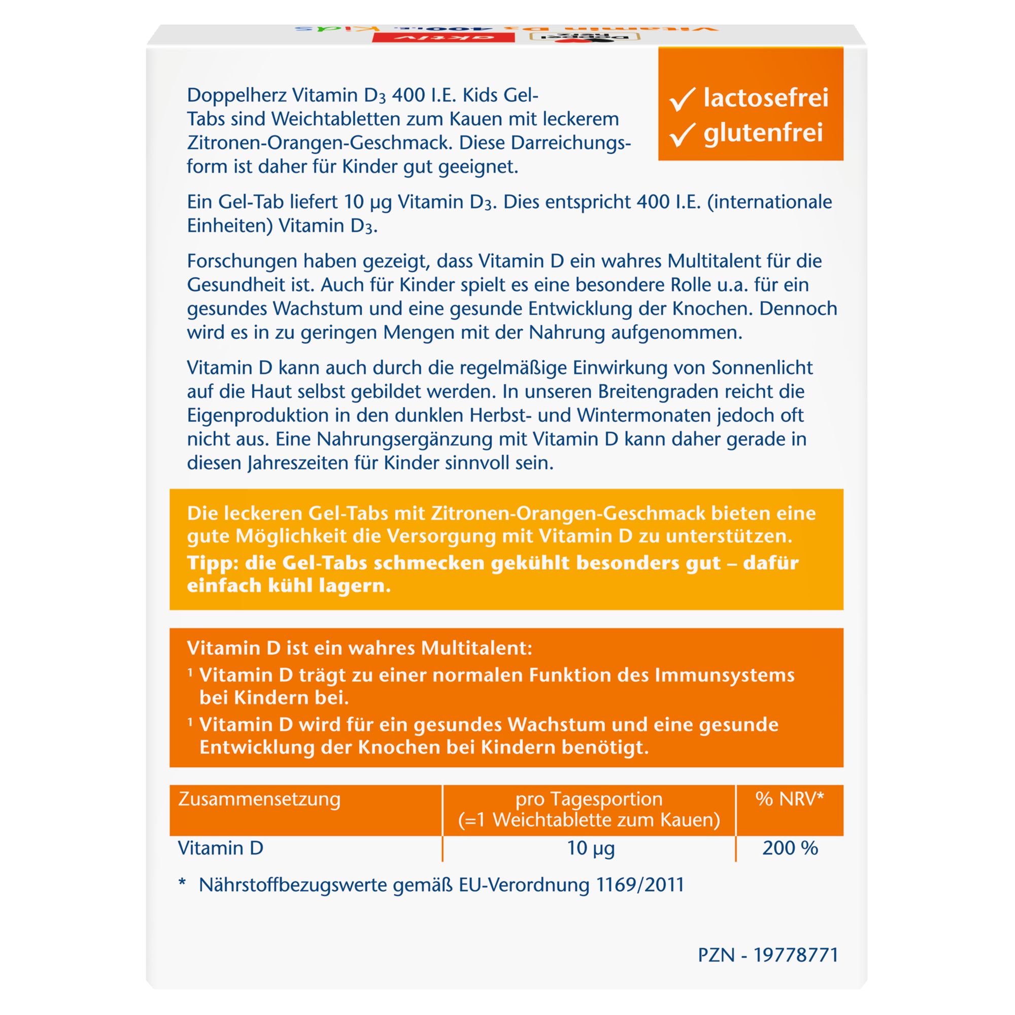 Rückseite der Packung von Doppelherz aktiv Vitamin D3 400 I.E. Kids, mit Produktinformationen, Inhaltsstoffen und NRV-Werten.
