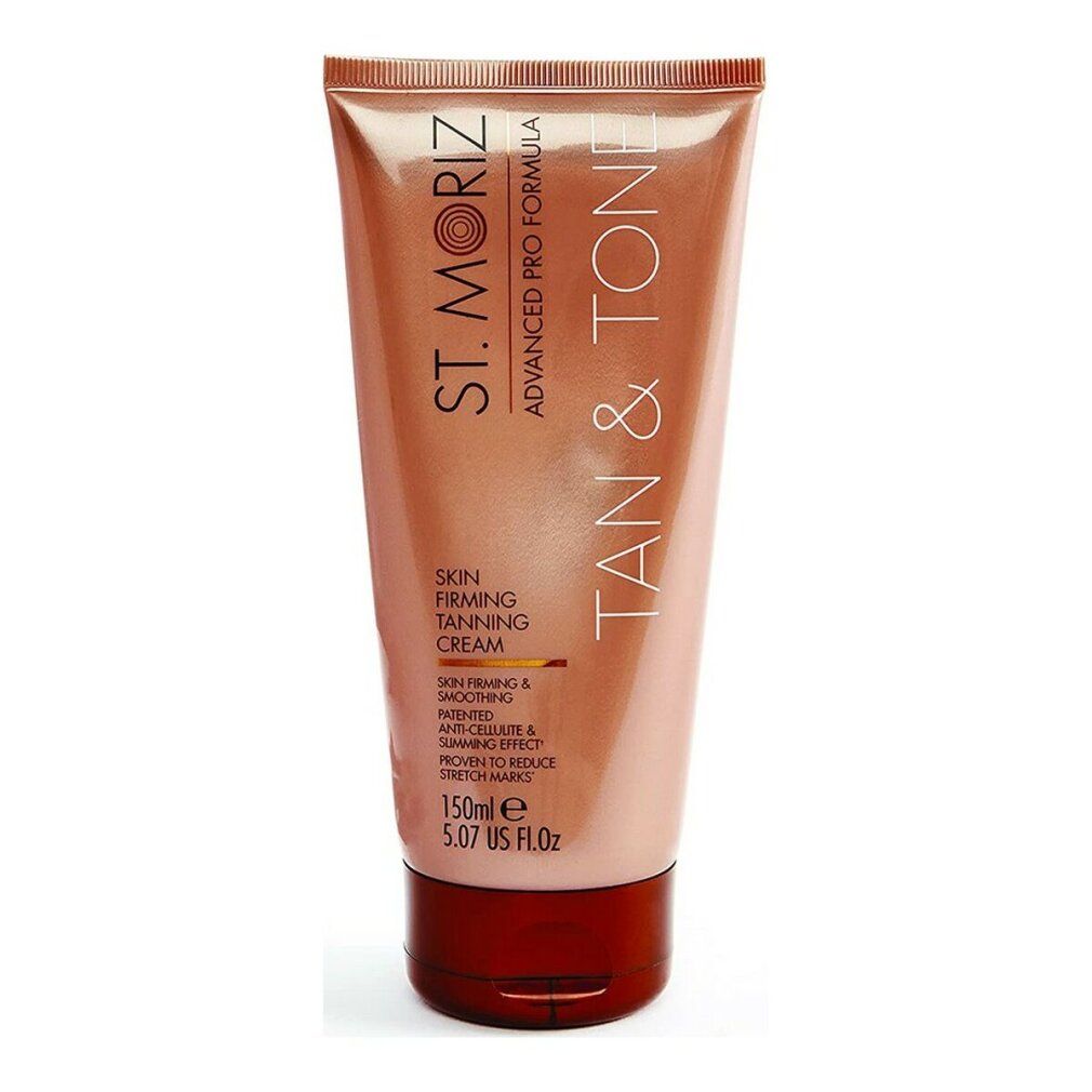 Hautstraffende Bräunungscreme in Tube. Marke und Produktbezeichnung sind sichtbar. 150ml.