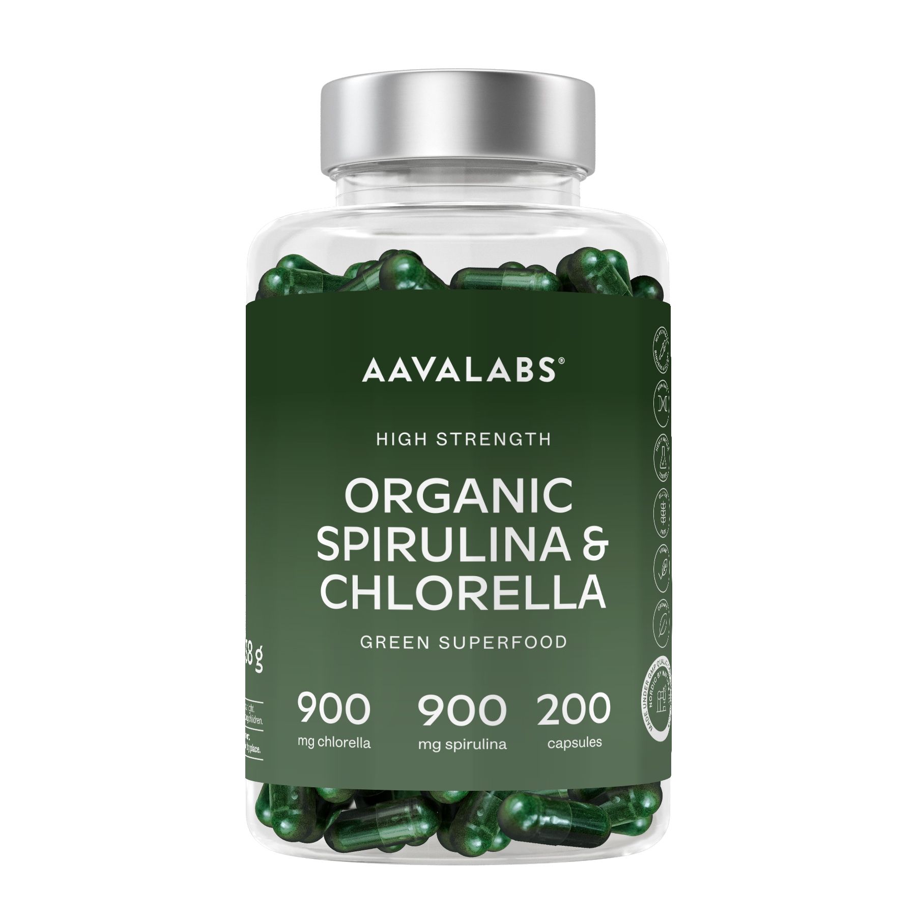 Glasflasche mit grünen Kapseln. Aufschrift: Organic Spirulina & Chlorella.