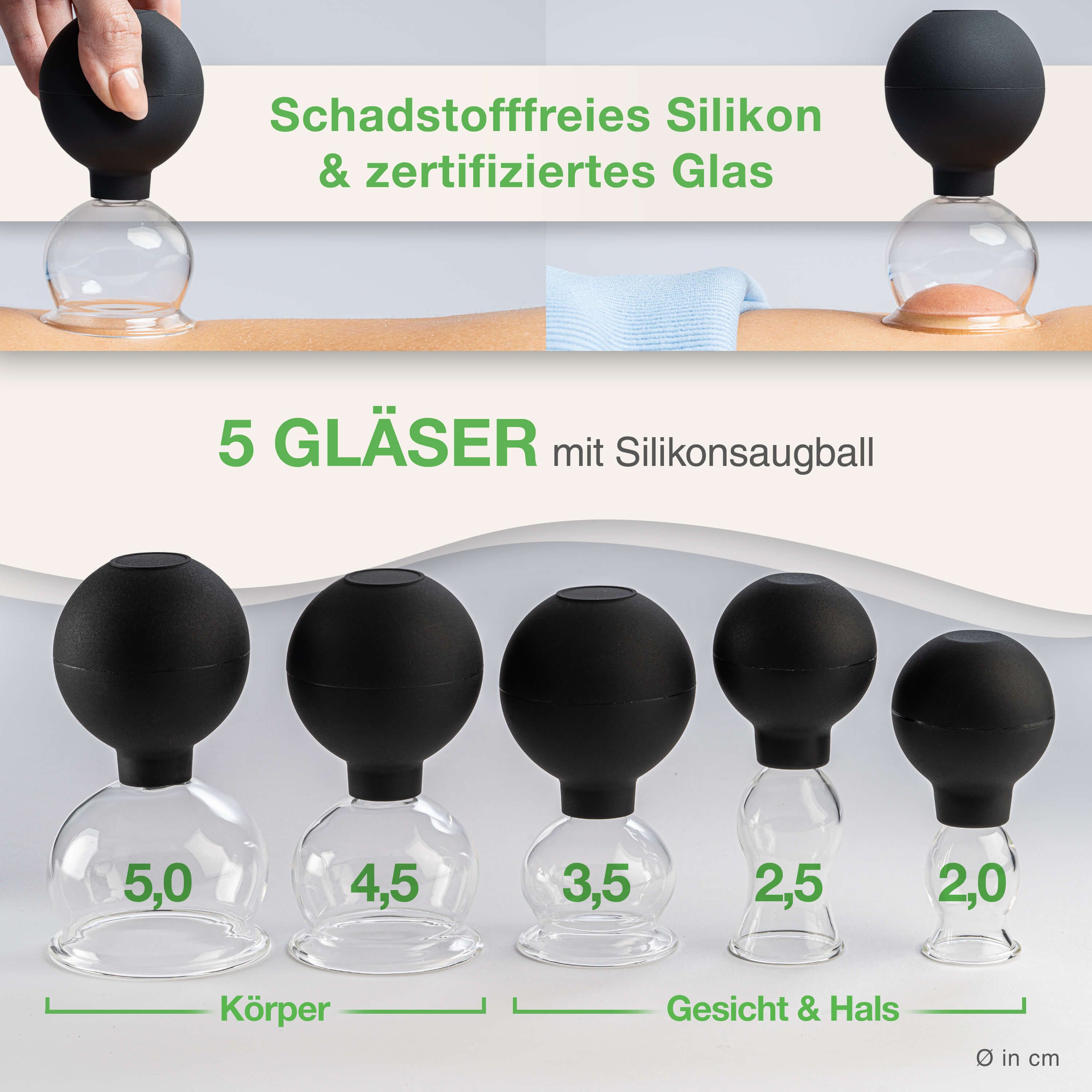 BACKLAxx® Schröpfgläser Set, 5 Glocken mit Saugball