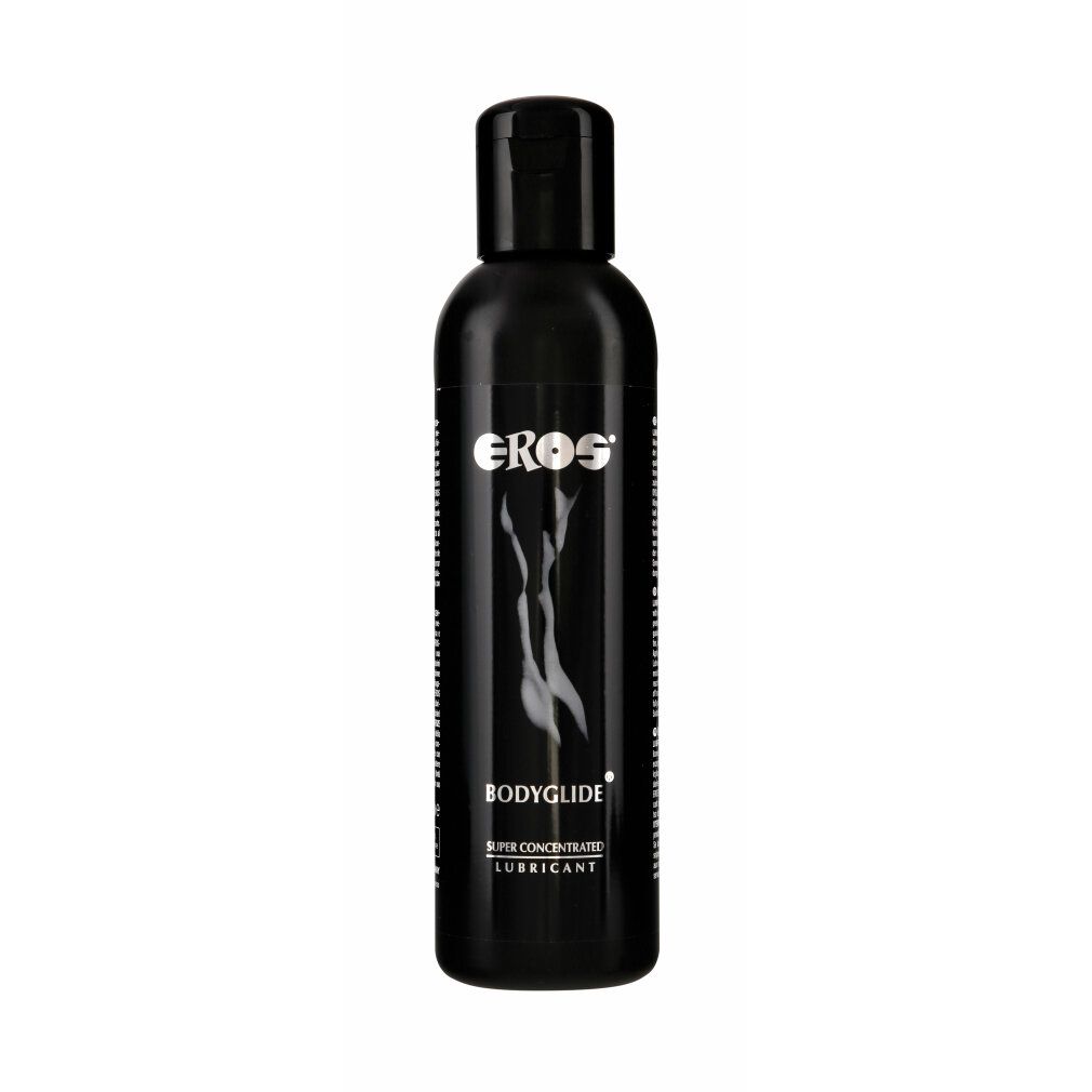 Schwarze Flasche mit "EROS"-Logo und "BODYGLIDE"-Schriftzug. Superkonzentriertes Gleitmittel.