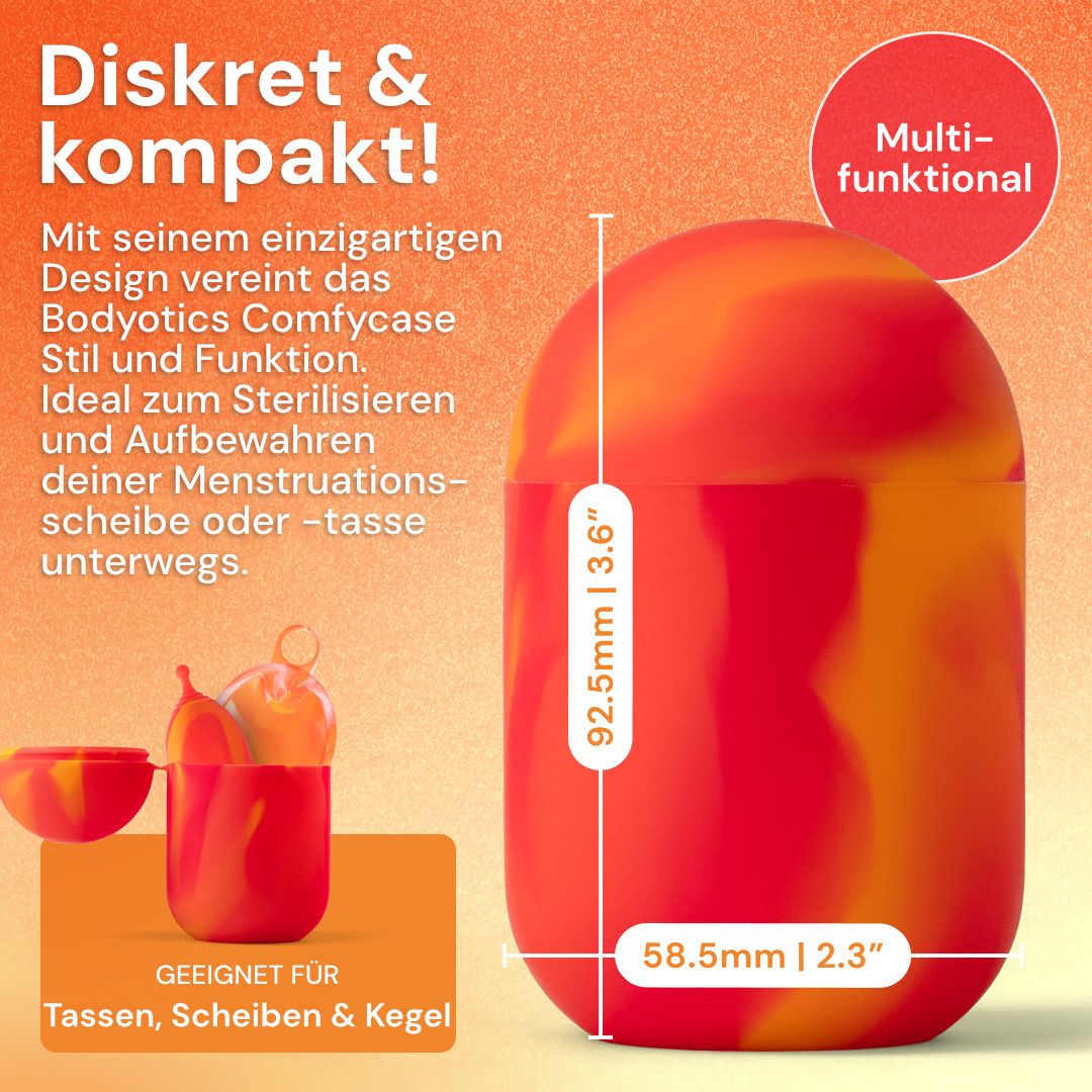 Kompakter, multifunktionaler Behälter (92.5mm x 58.5mm) für Menstruationsscheiben oder -tassen. Silikonmaterial.