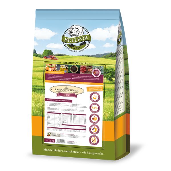 Bellfor Landgut-Schmaus Mini Trockenfutter-Beutel. Grün-weiß-blau, mit Logo und Produktinformationen. 2,5 kg.