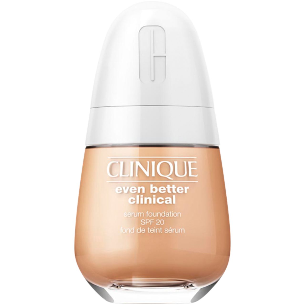 Clinique Even Better Clinical Serum Foundation SPF20. Flasche mit weißem Deckel und transparentem Körper. Produktname und SPF20-Angabe.