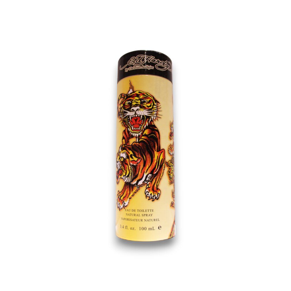 Ed Hardy Uomo Eau de Toilette Spray. Zylinderförmige Verpackung mit Tiger-Design. Marke und Volumen.