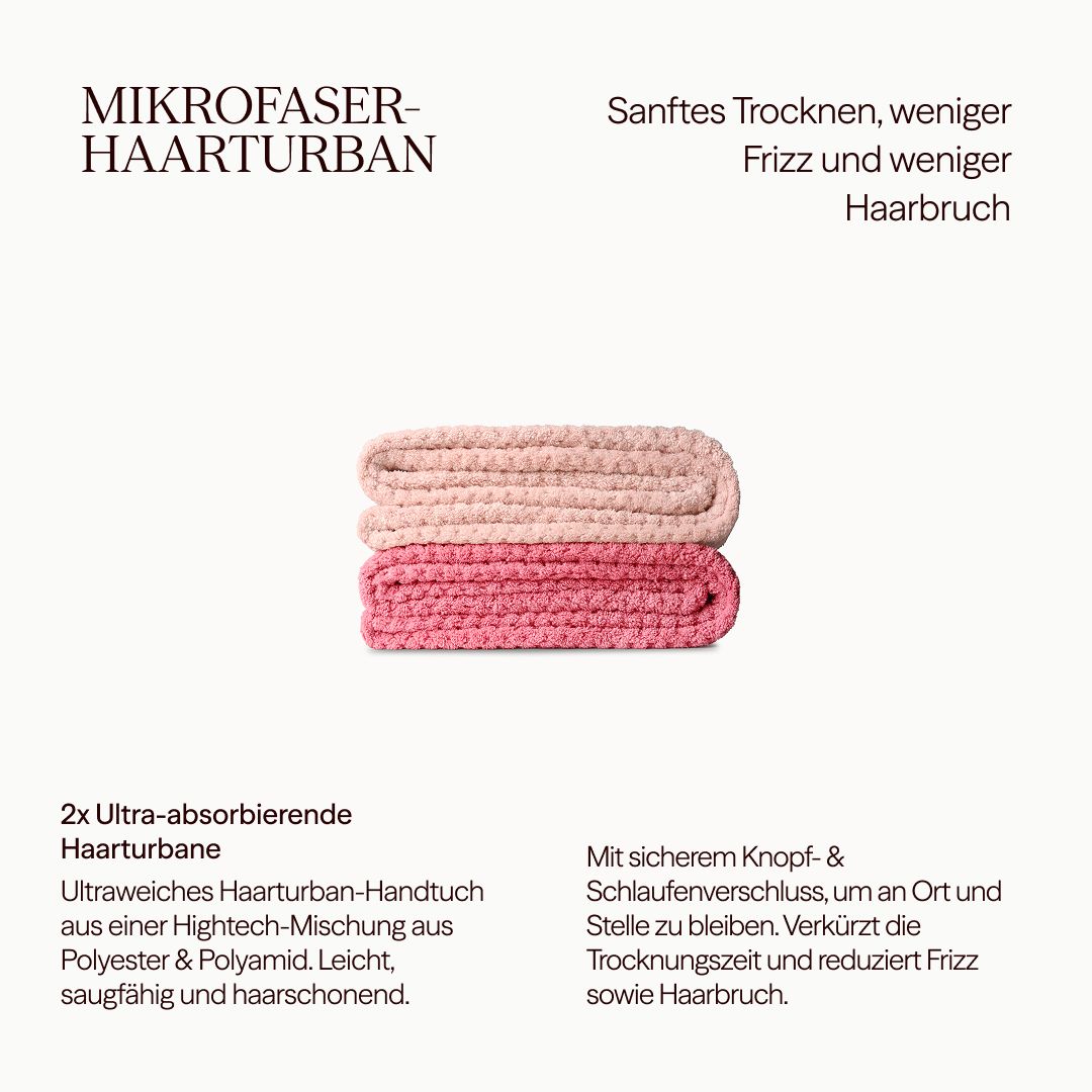 Zwei ultra-absorbierende Haarturbane in Rosa. Text beschreibt Eigenschaften: weich, leicht, saugfähig, mit Knopfverschluss.