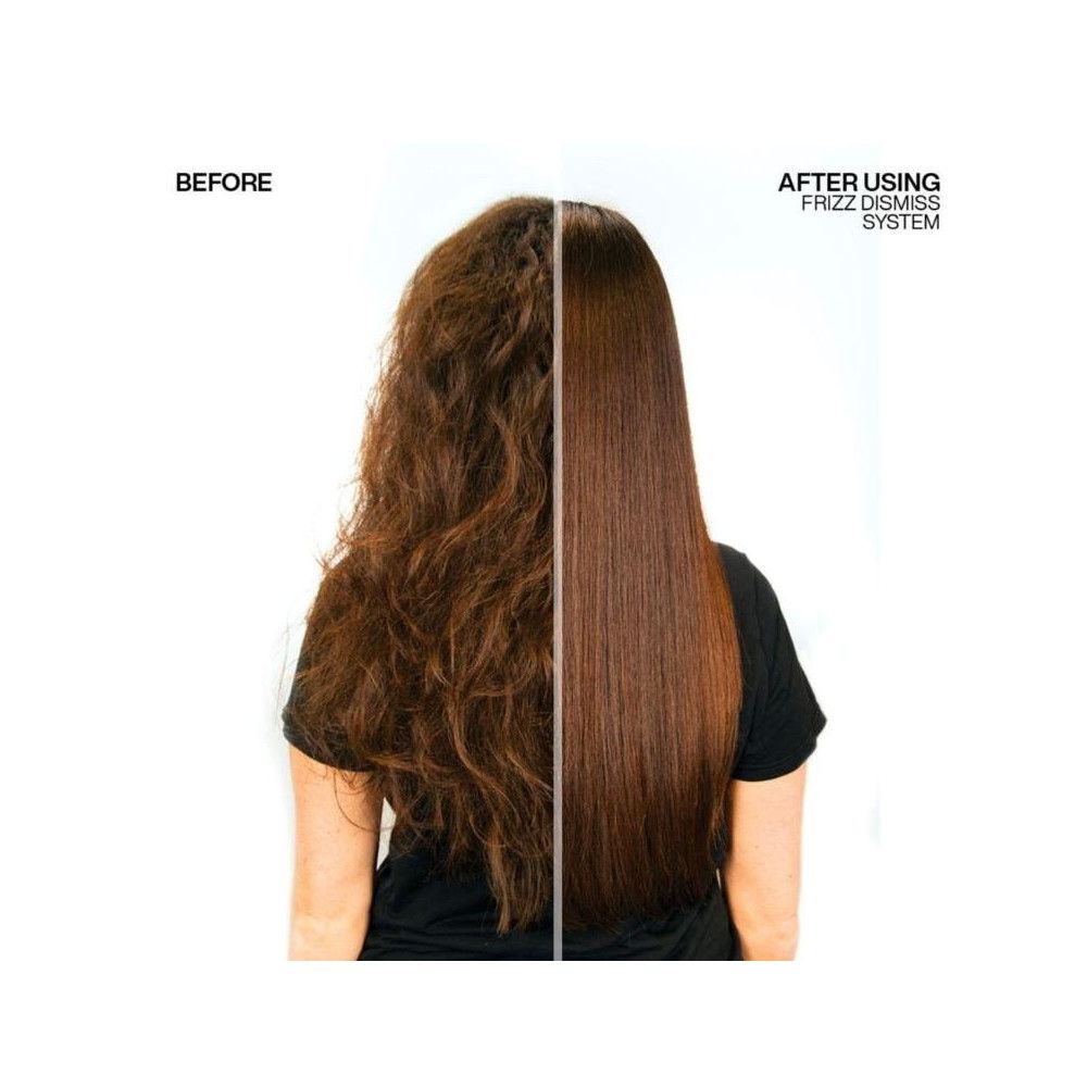 Vorher/Nachher-Vergleich. Links: krauses Haar. Rechts: glattes Haar. Text: Nach Anwendung Frizz Dismiss System.