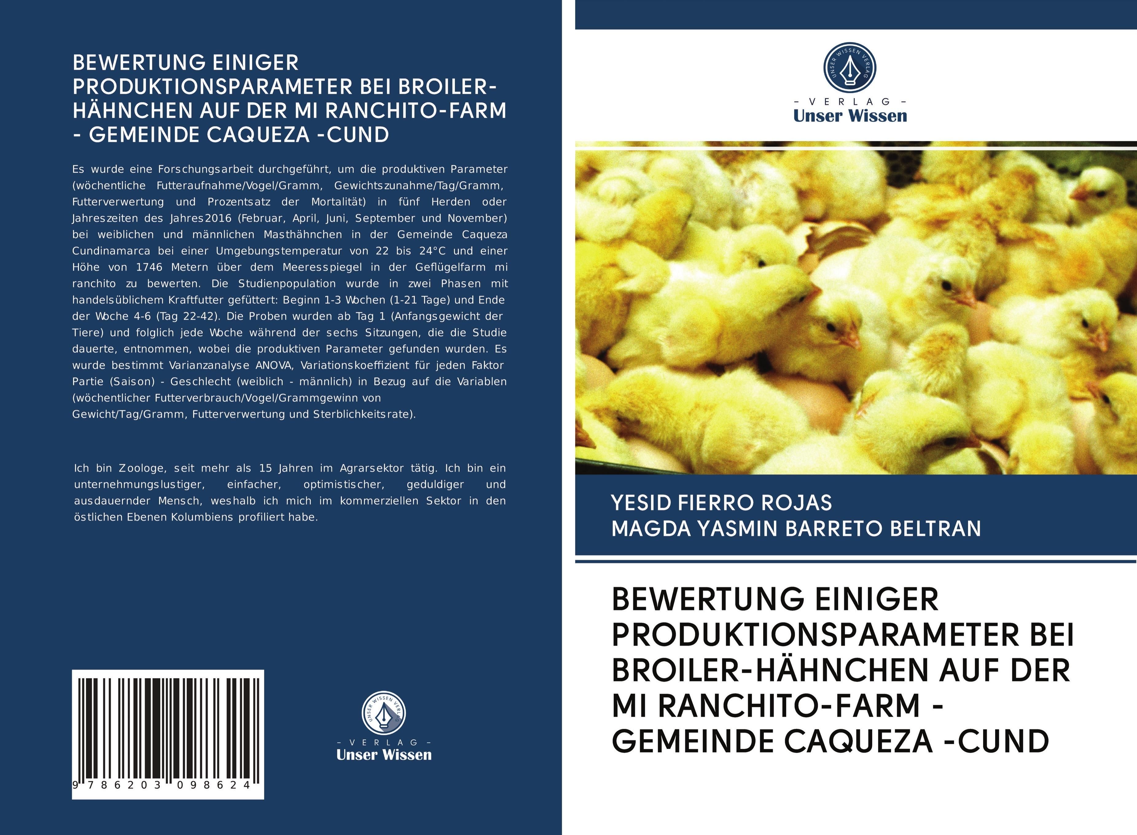 Buchcover mit Titel: Bewertung einiger Produktionsparameter bei Broiler-Hähnchen auf der Mi Ranchito-Farm - Gemeinde Caqueza - Cund. Autoren: Yesid Fierro Rojas, Magda Yasmin Barreto Beltran.