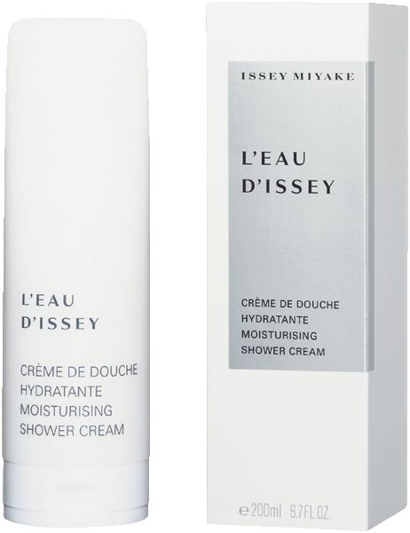 Weißer Behälter und Verpackung. Aufschrift: ISSEY MIYAKE, L'EAU D'ISSEY, Crème de Douche Hydratante, Moisturising Shower Cream.