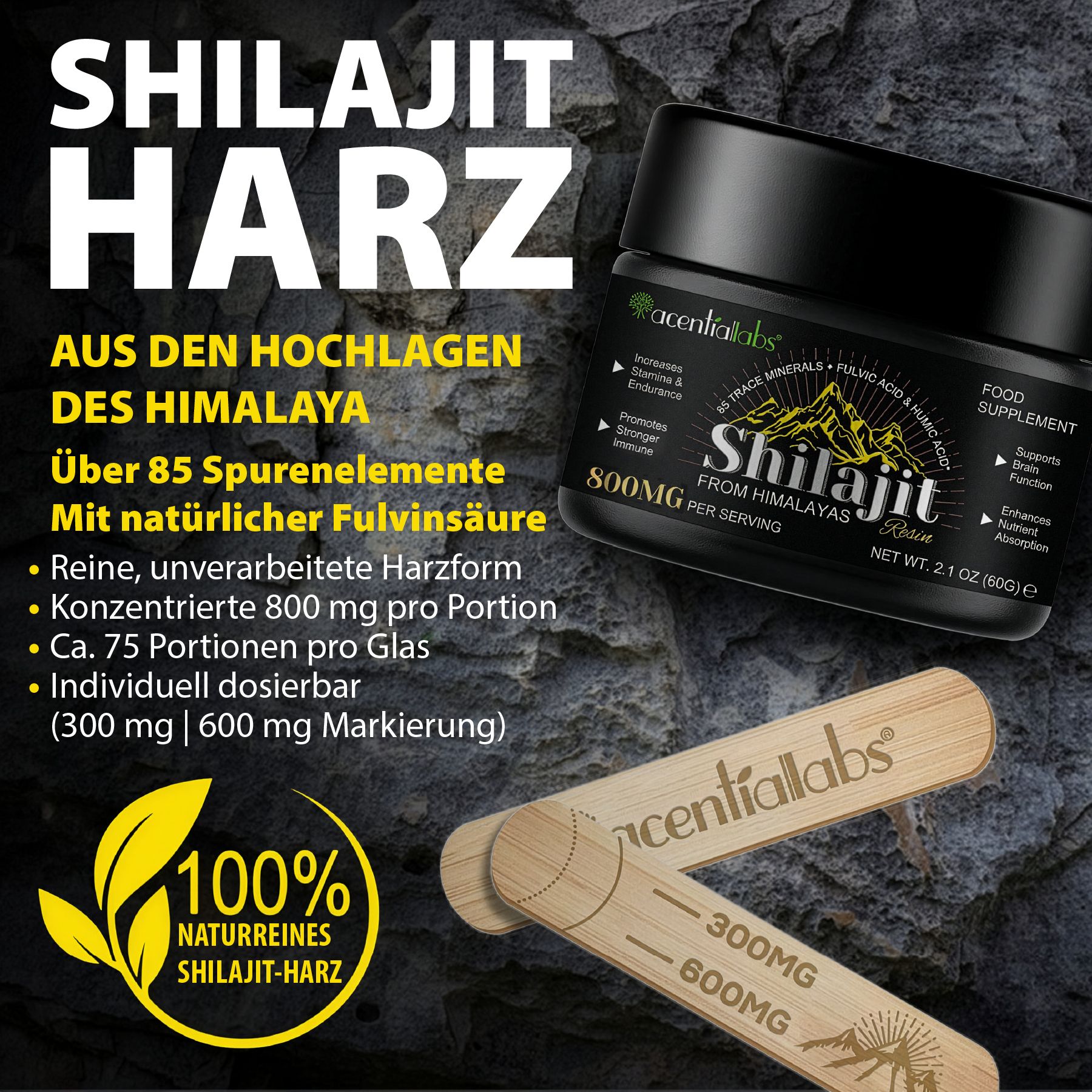 Schwarzes Glas mit Shilajit Harz, Holzstäbchen mit Markierungen. Text: 100% naturreines Shilajit-Harz.