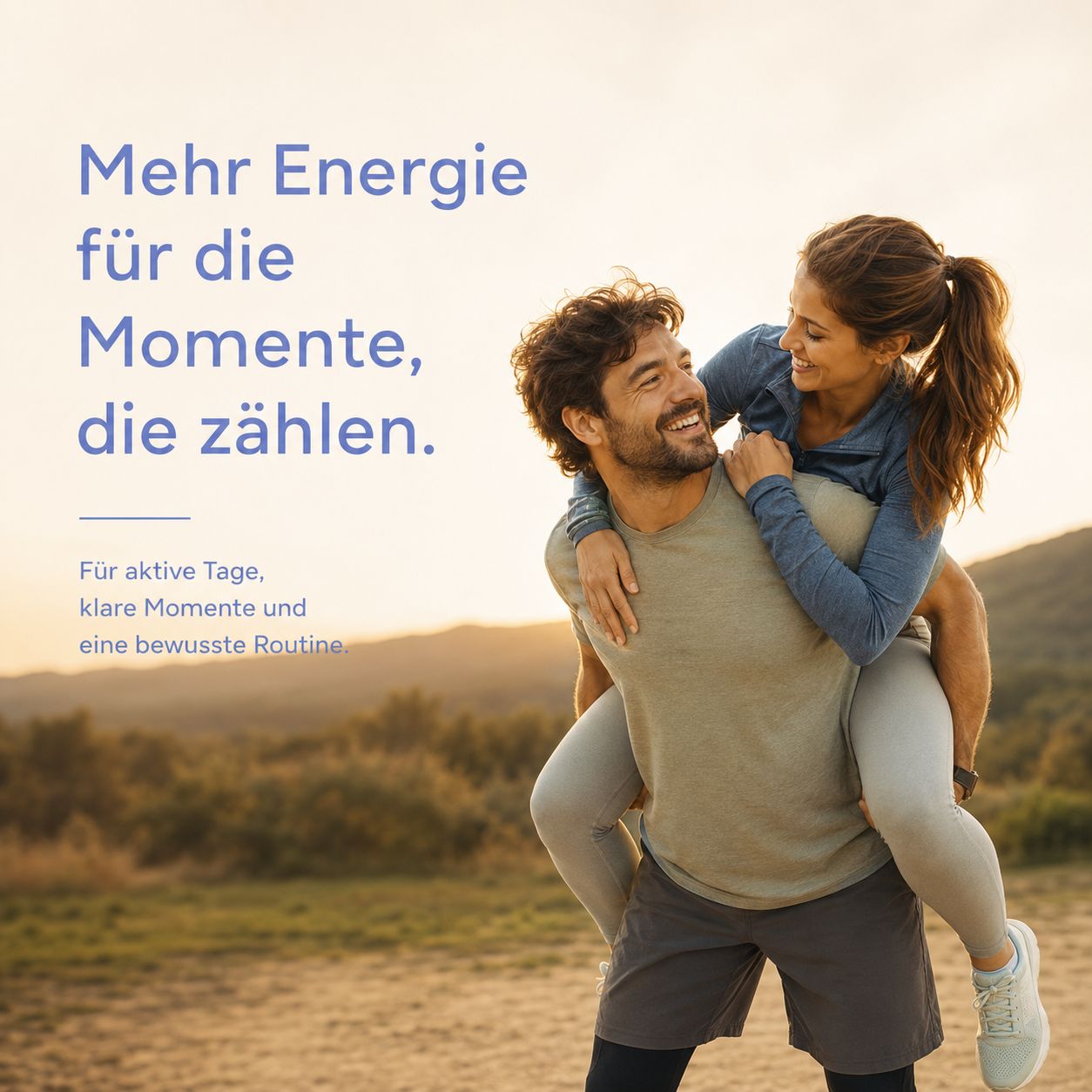 Mann trägt Frau auf dem Rücken in hügeliger Landschaft bei Sonnenuntergang.