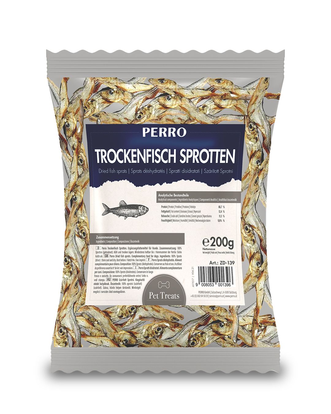 Verpackung mit PERRO Trockenfisch Sprotten. Graue Tüte mit Produktnamen und Fischabbildung. Enthält getrocknete Fische.